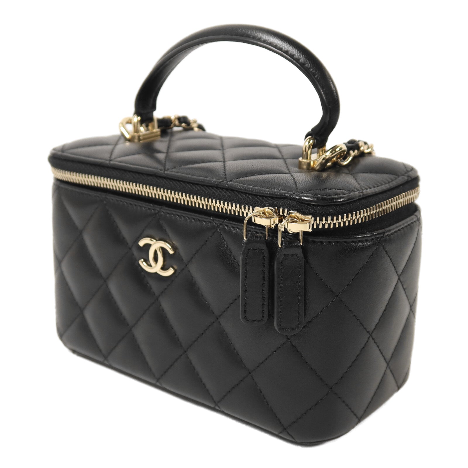CHANEL 羊皮皮革Vanity Case金扣鏈帶手挽肩背兩用袋
