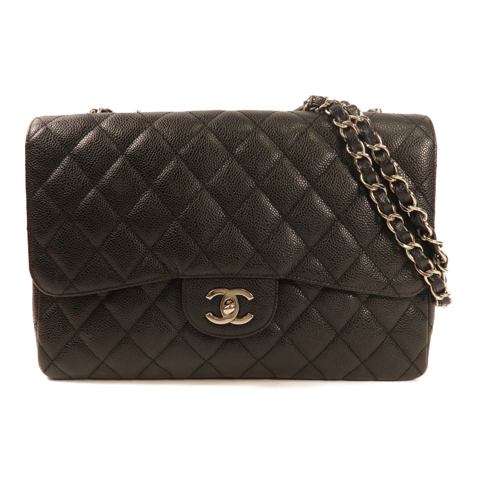 CHANEL 牛皮皮革Large Classic銀扣鏈帶肩背袋