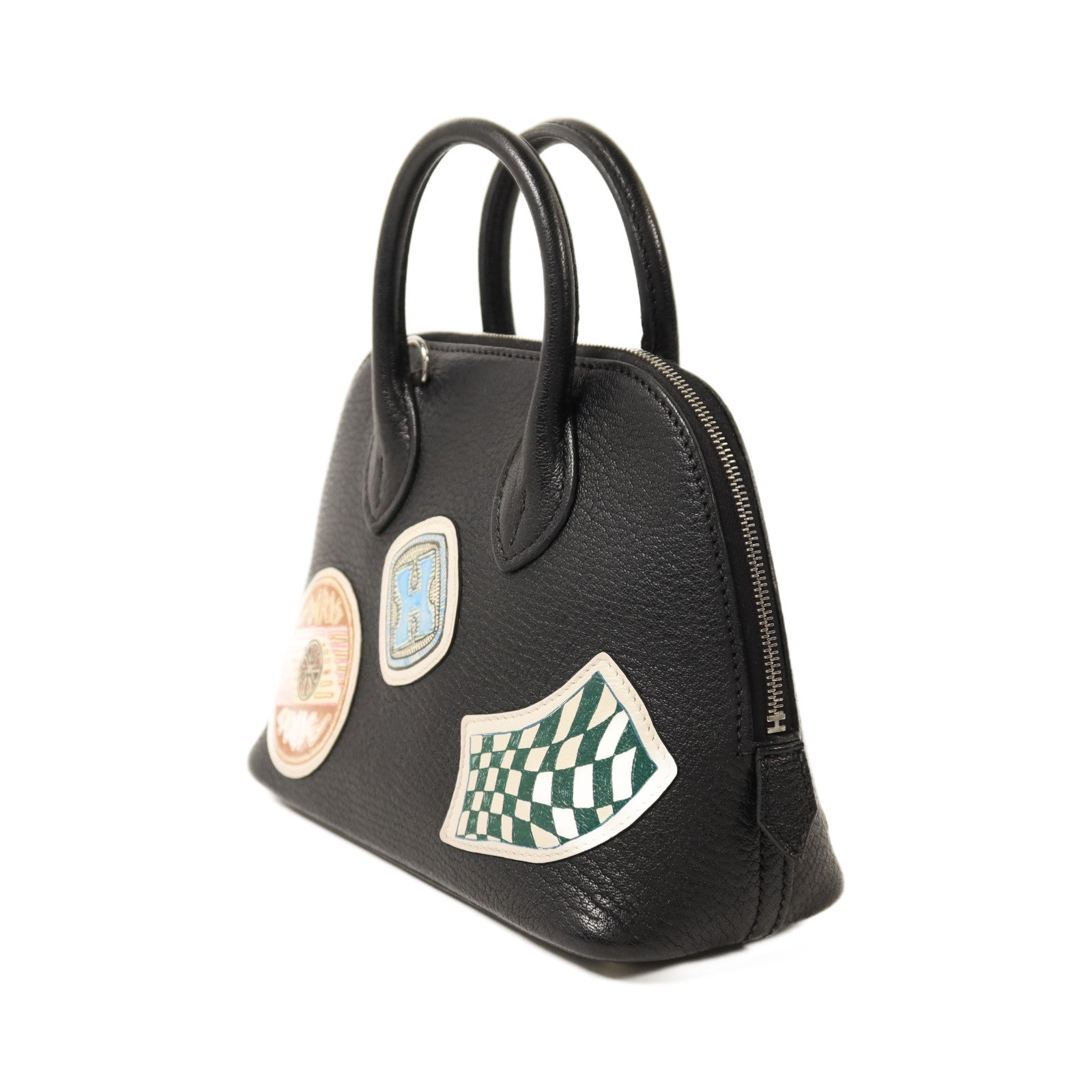 HERMES Chevre皮革Mini Bolide銀扣手挽肩背兩用袋Noir