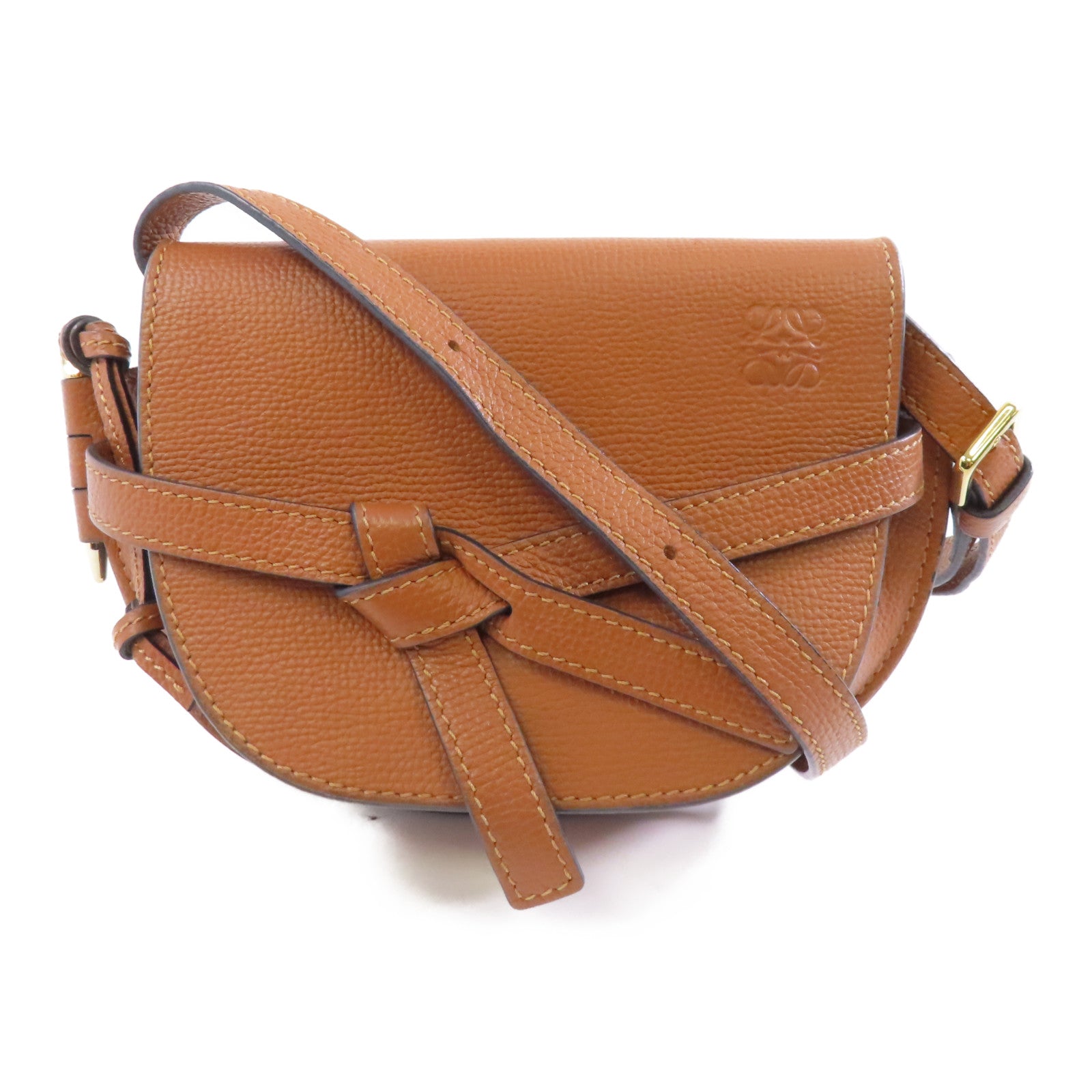 LOEWE 牛皮皮革Mini Gate金扣肩背袋棕色