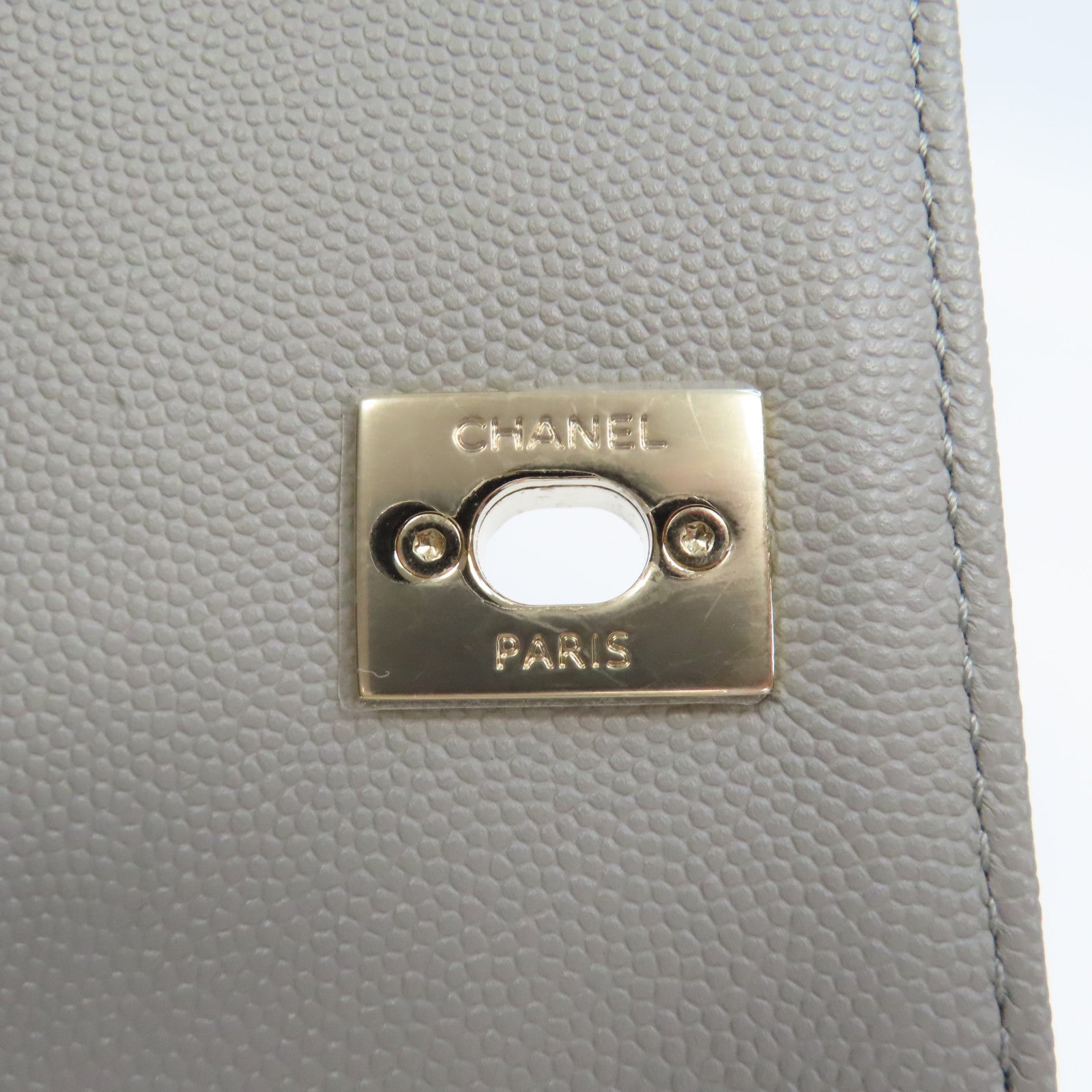 CHANEL 菱格Caviar皮革Chain Shoulder金扣鏈帶手挽肩背兩用袋灰色