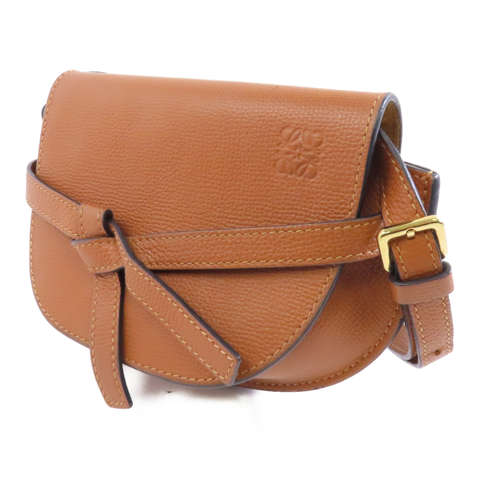 LOEWE 牛皮皮革Mini Gate金扣肩背袋棕色