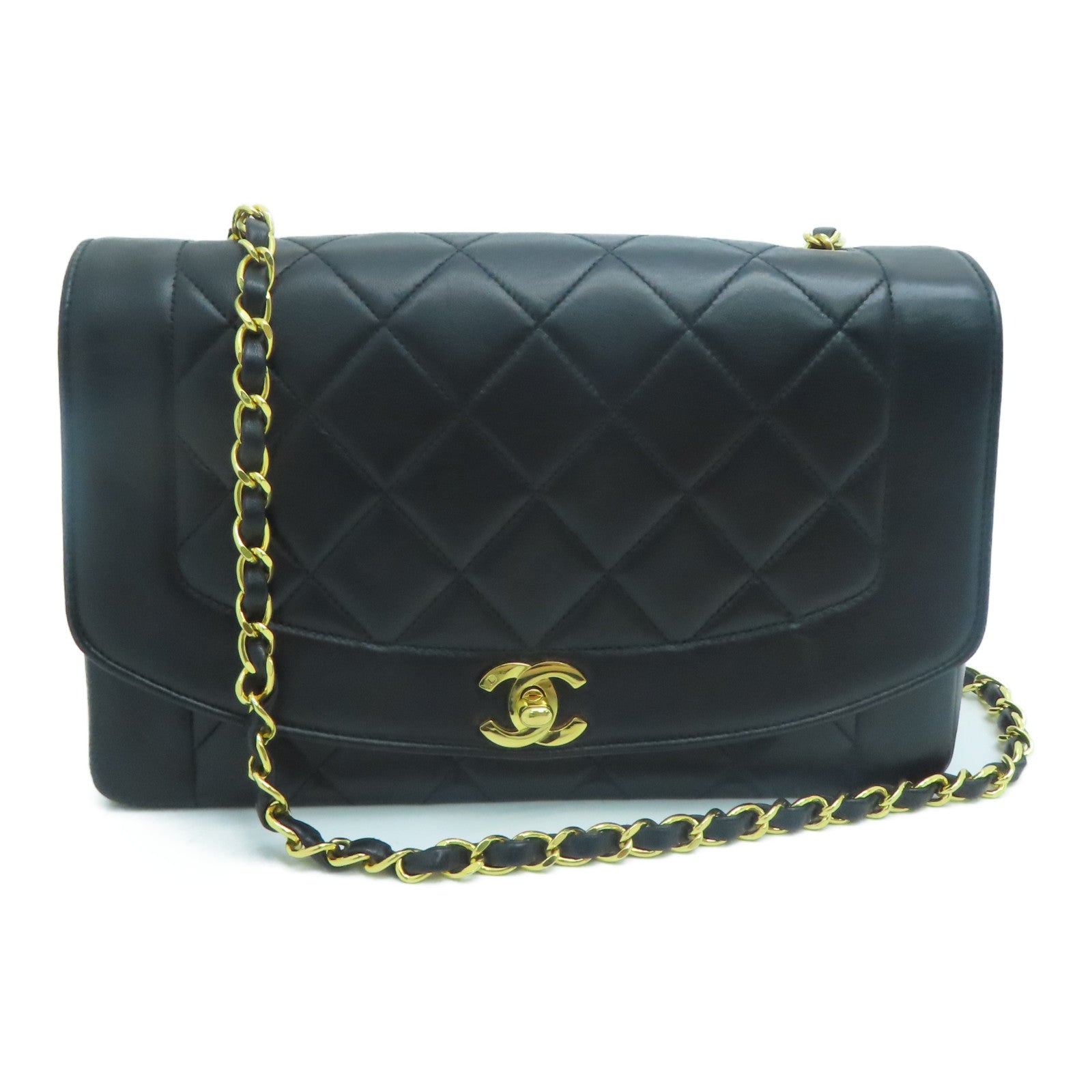 CHANEL 【清倉大減價】菱格羊皮皮革Diana Chain Shoulder金扣肩背袋黑色