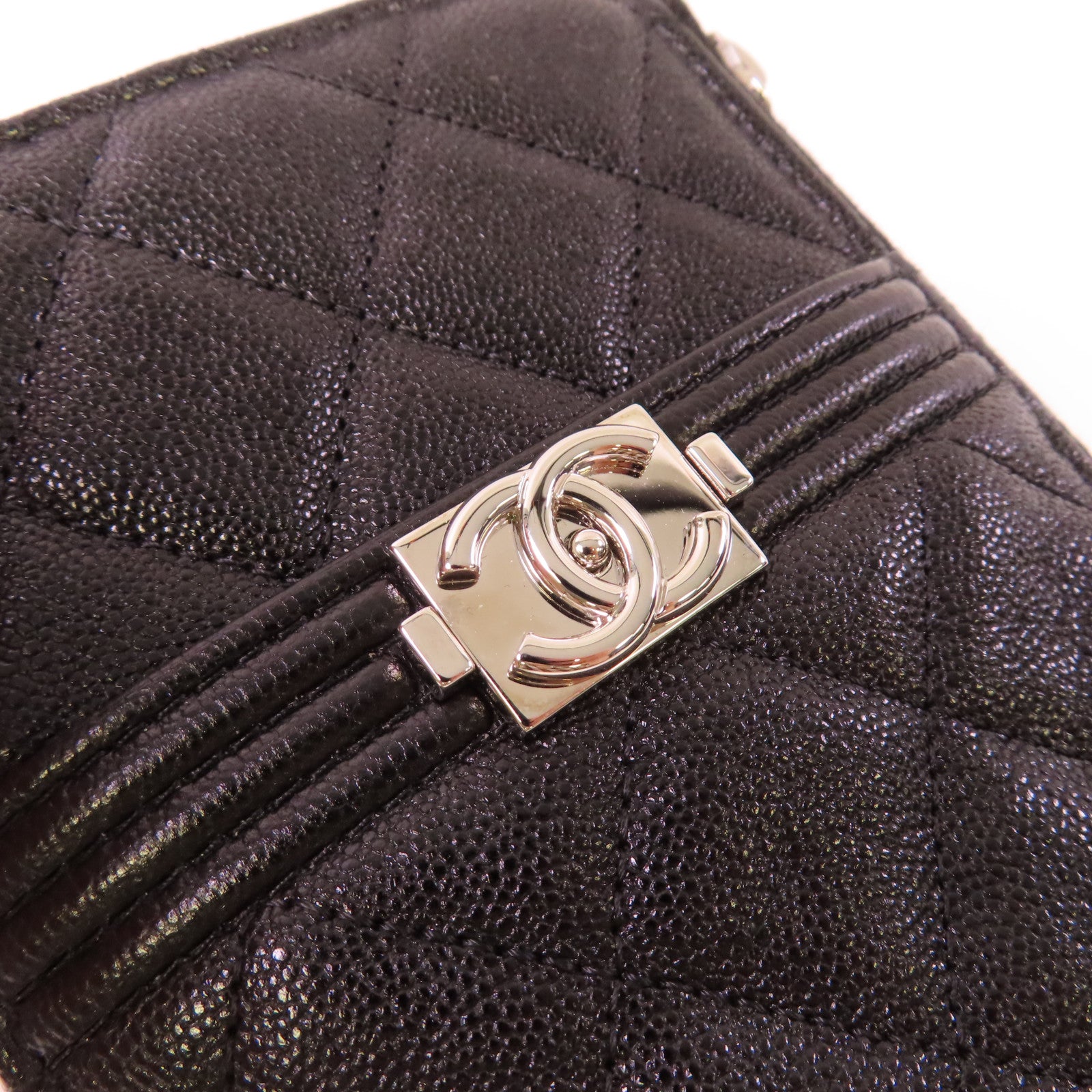 CHANEL 菱格Caviar皮革Boy Chanel Phone/Card Holder銀扣手機卡片套黑色