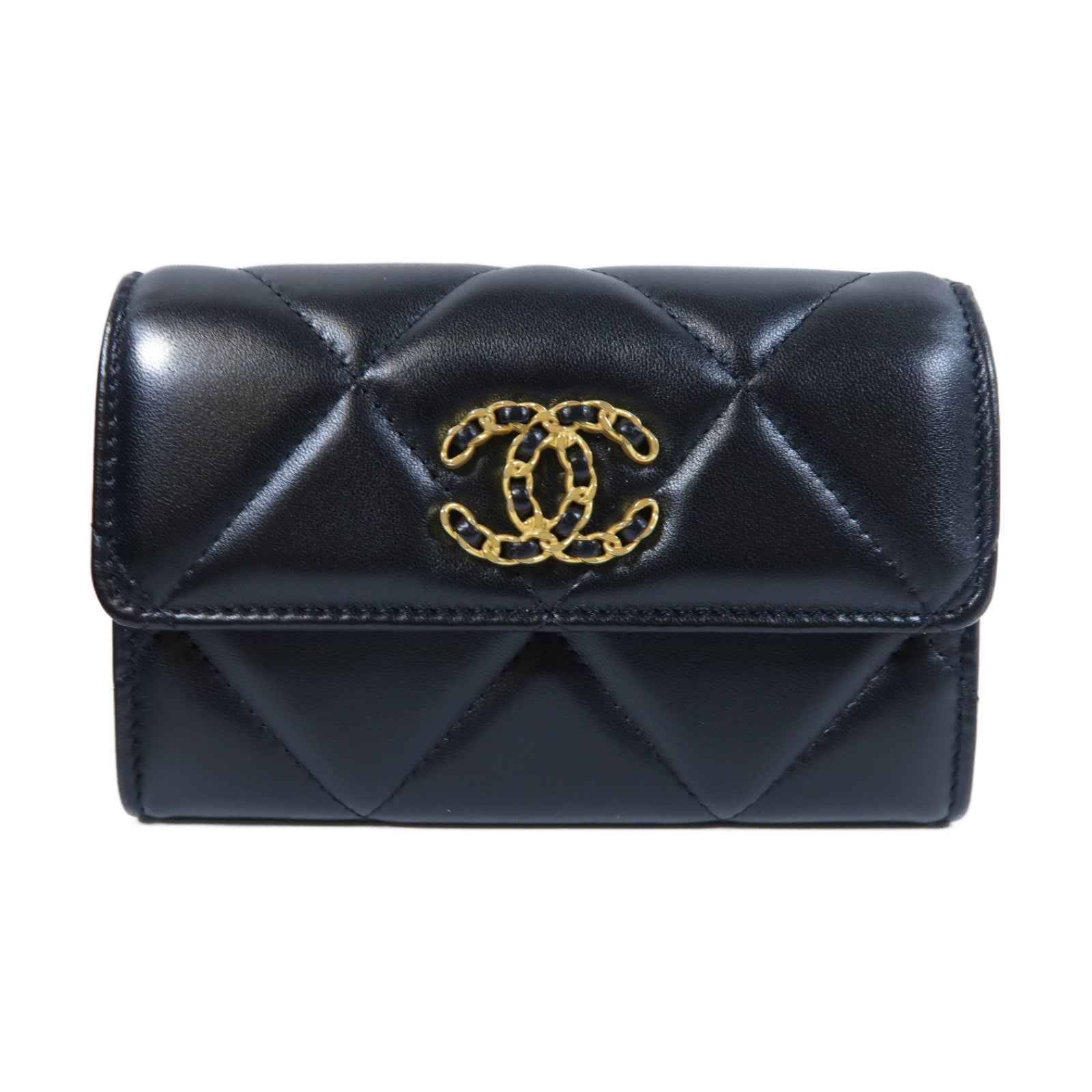 CHANEL 菱格羊皮皮革Chanel 19 Medium Wallet金扣中長錢包黑色