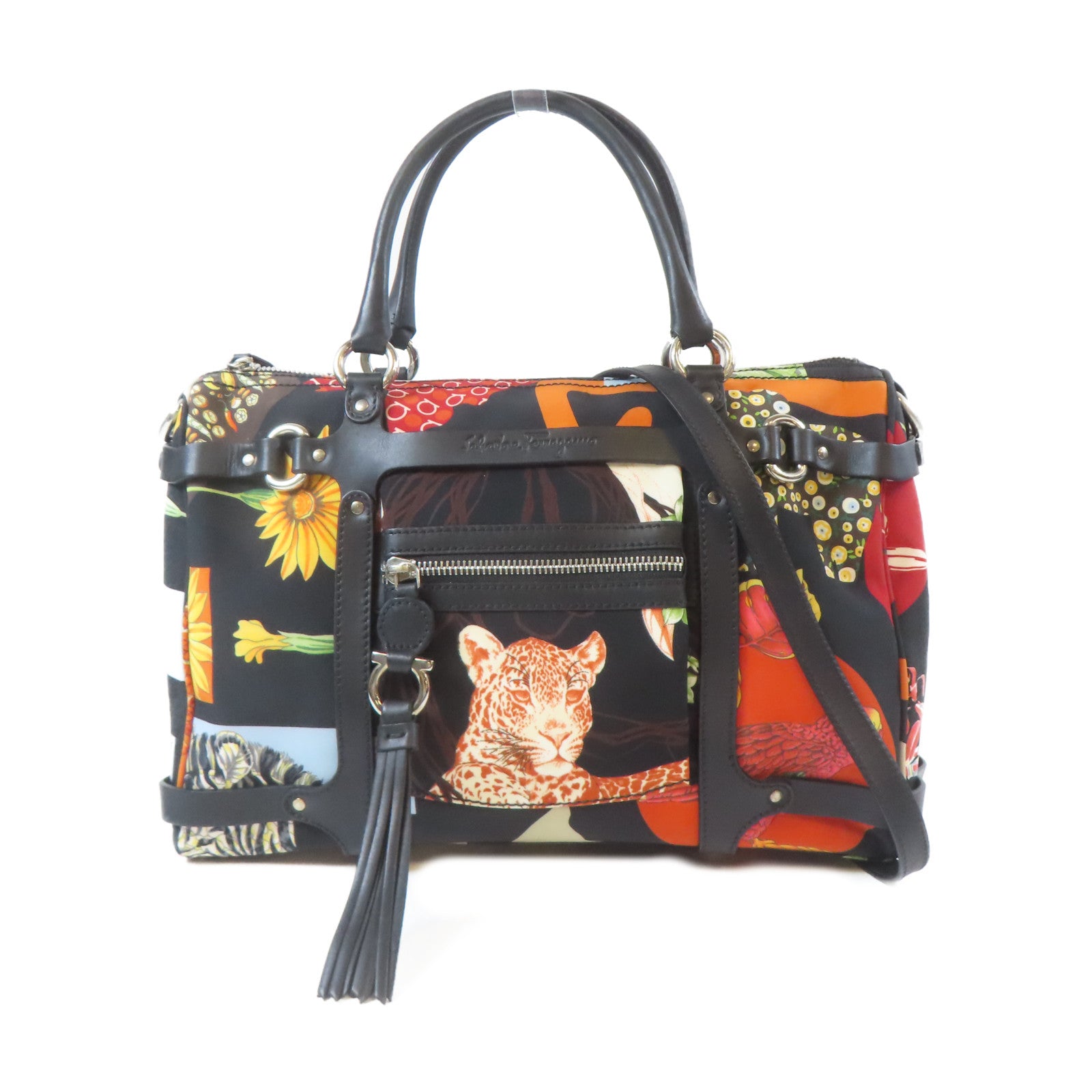 Salvatore Ferragamo 帆布Shoulder Bag銀扣手挽肩背兩用袋黑色/彩色