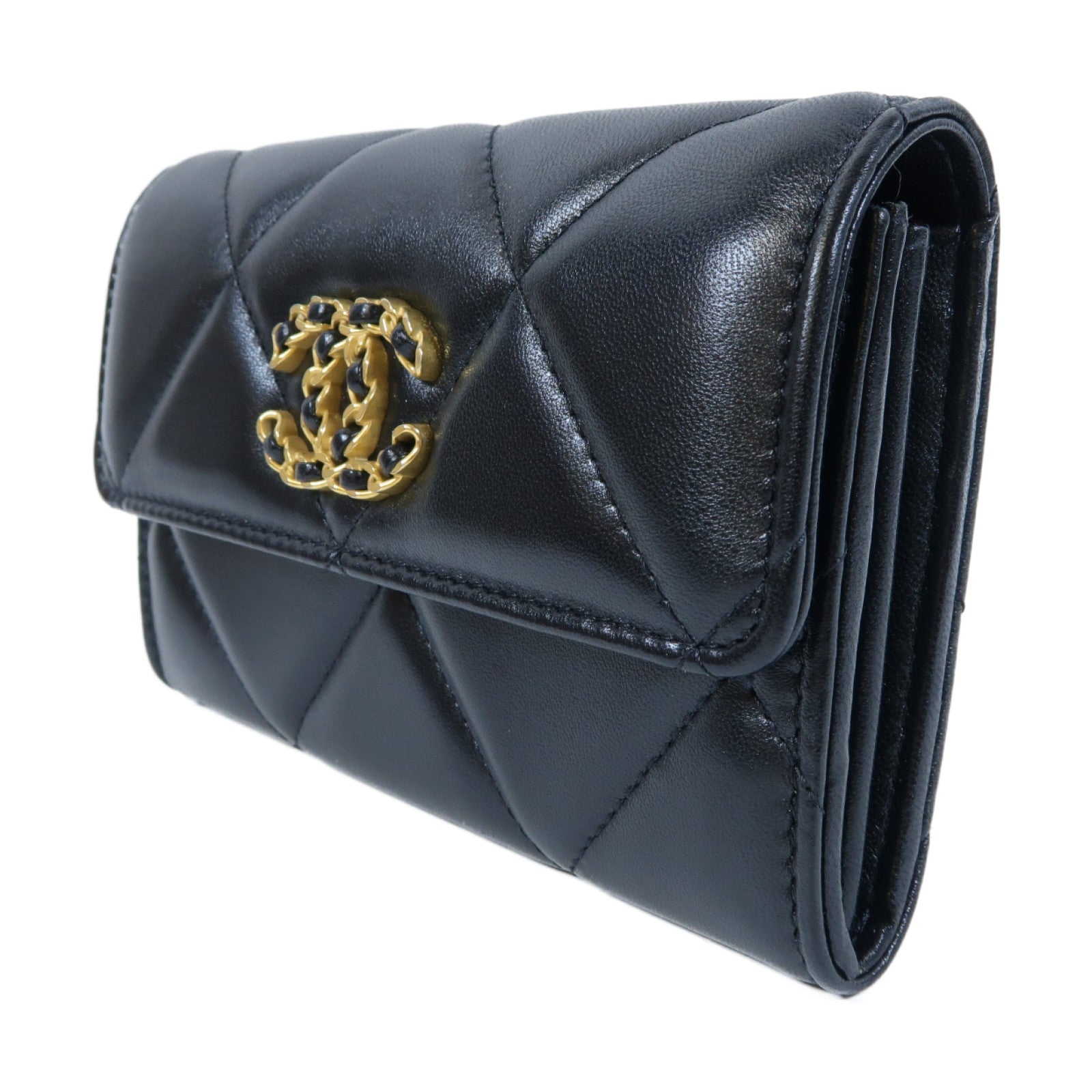 CHANEL 菱格羊皮皮革Chanel 19 Medium Wallet金扣中長錢包黑色