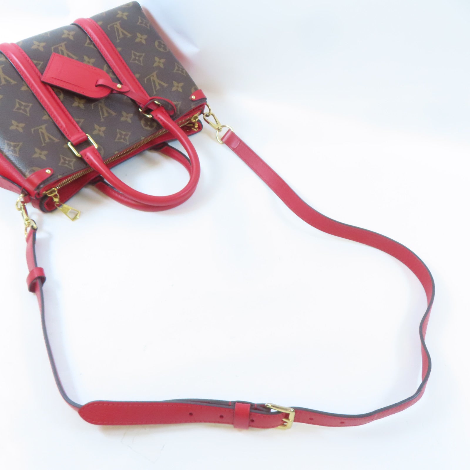 LOUIS VUITTON Monogram Soufflot BB金扣手挽肩背兩用袋啡色/紅色