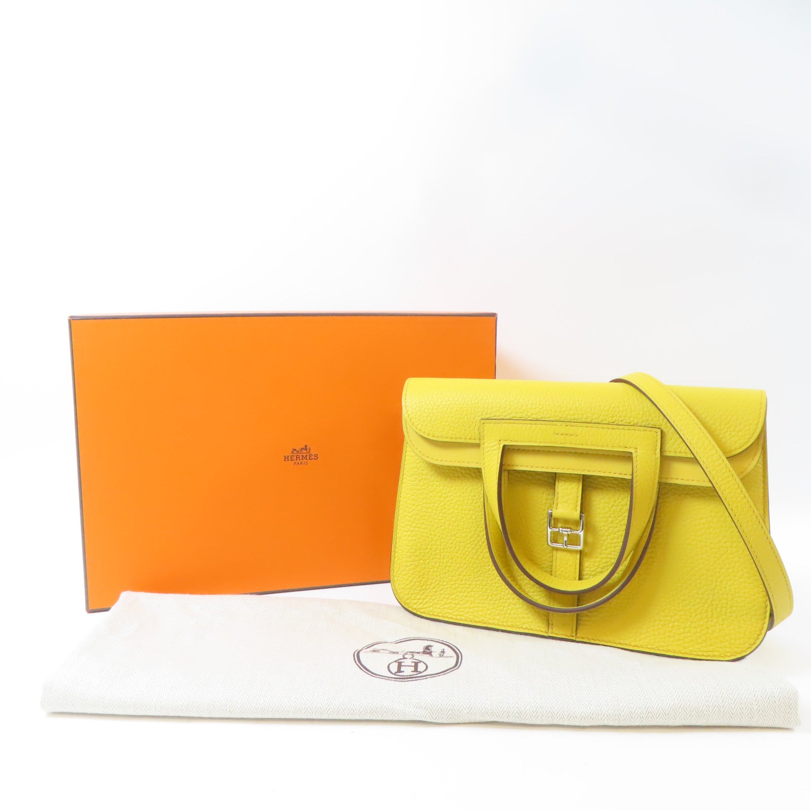 HERMES Clemence皮革Halzan 25銀扣手挽肩背兩用袋Sun/黃色