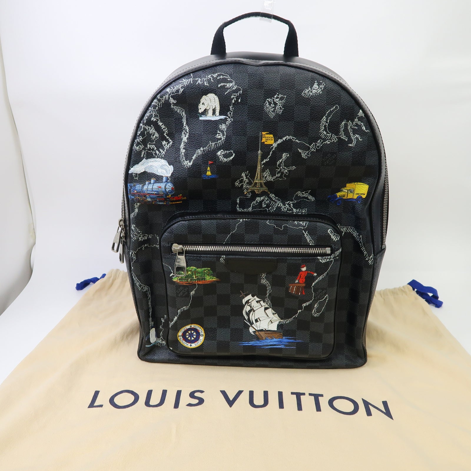 LOUIS VUITTON Damier Graphite World Map Josh銀扣背包黑色