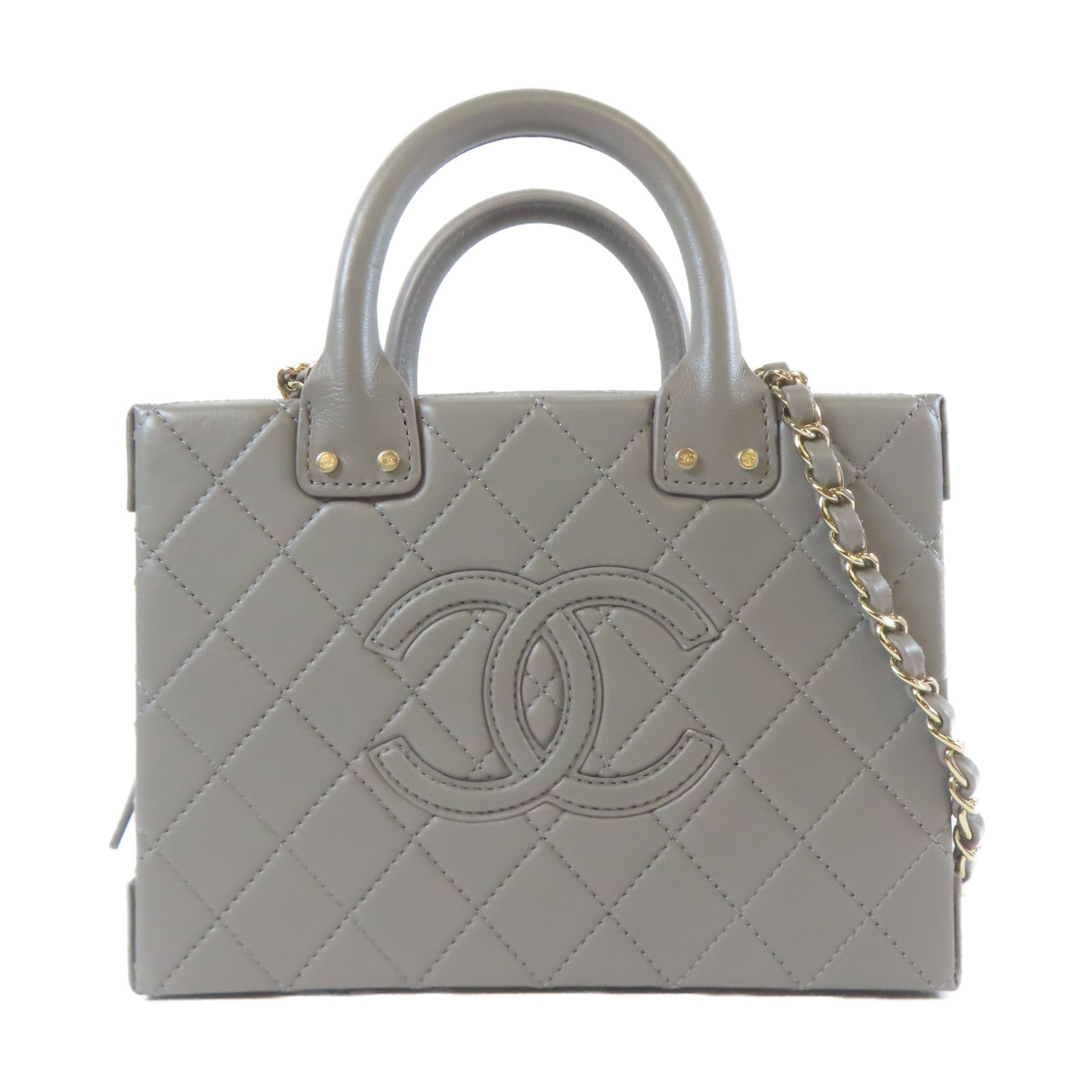 CHANEL 菱格羊皮皮革Vanity Case金扣手挽肩背兩用袋灰色
