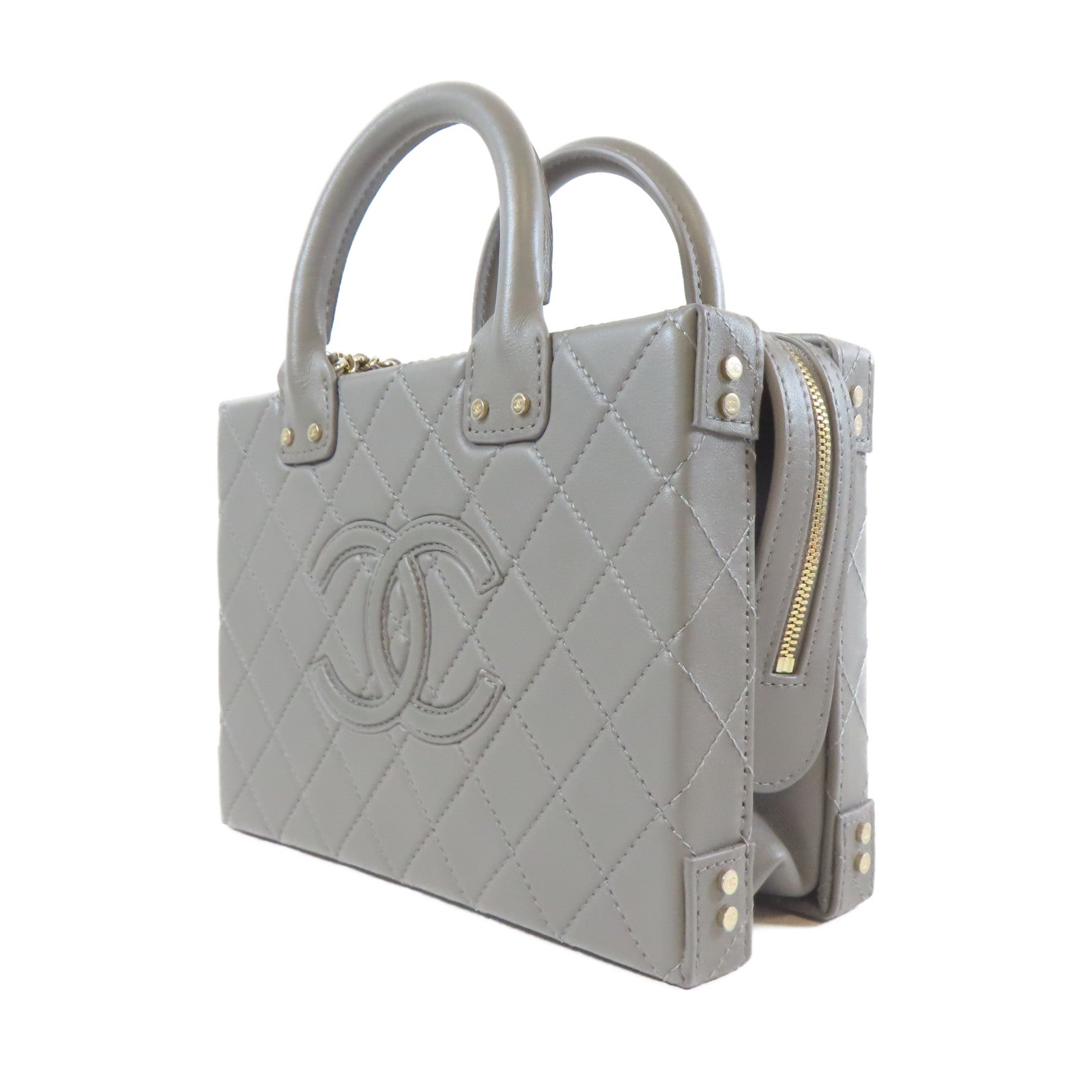 CHANEL 菱格羊皮皮革Vanity Case金扣手挽肩背兩用袋灰色– Brand