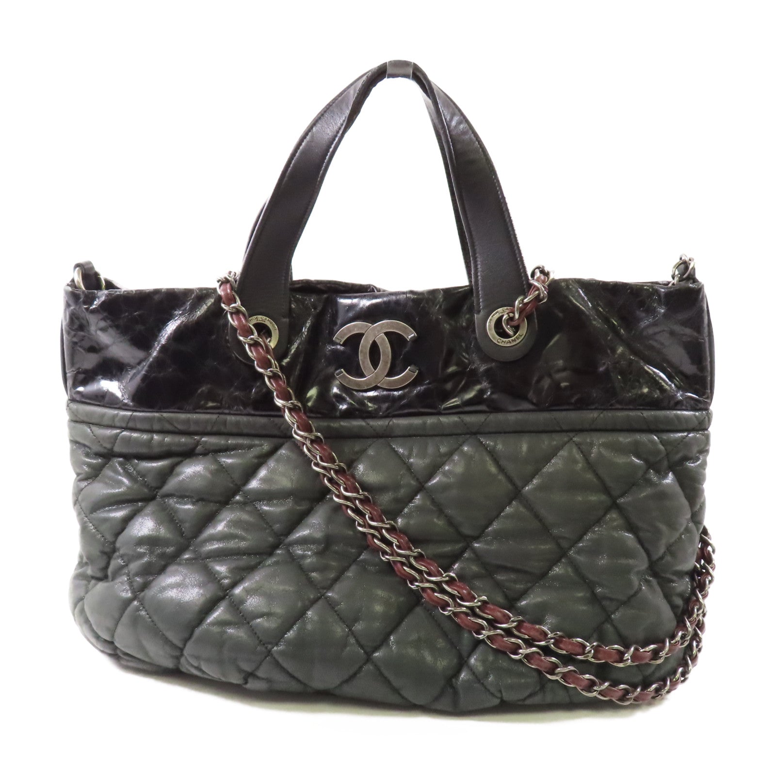 CHANEL 牛皮皮革2way Shoulder Bag手挽肩背兩用袋深綠色/黑色