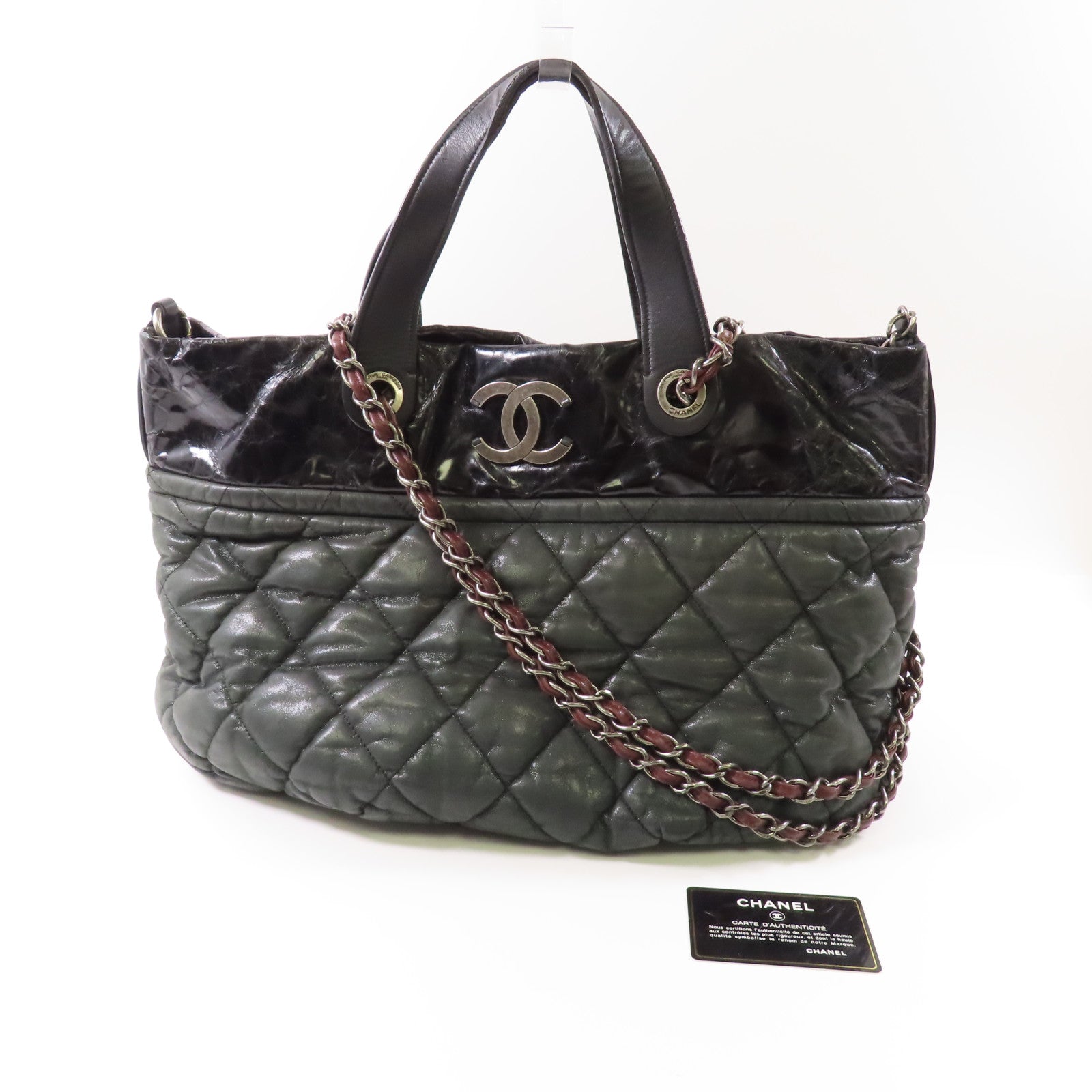 CHANEL 牛皮皮革2way Shoulder Bag手挽肩背兩用袋深綠色/黑色