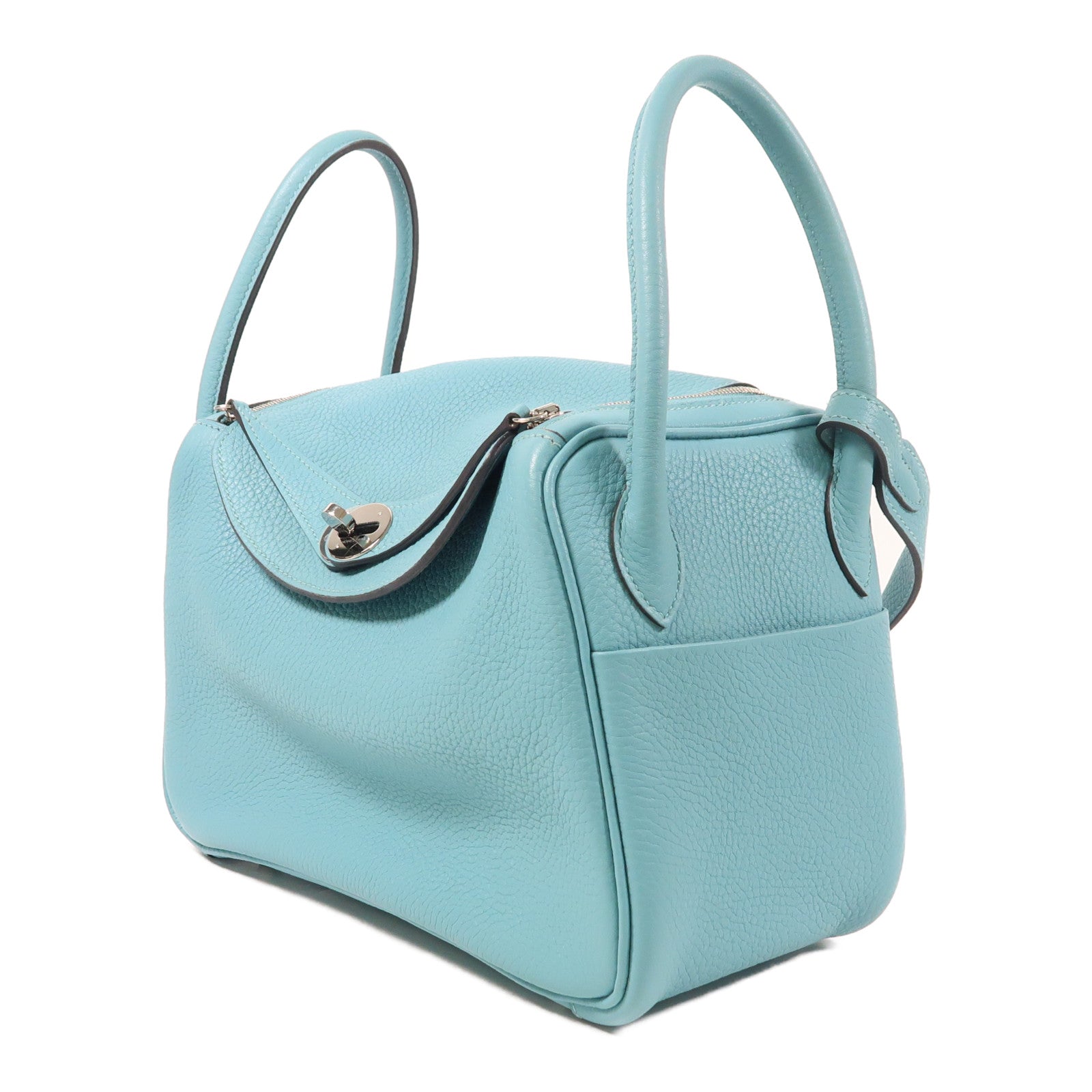 HERMES Clemence皮革Lindy 26銀扣手挽肩背兩用袋Blue Atoll