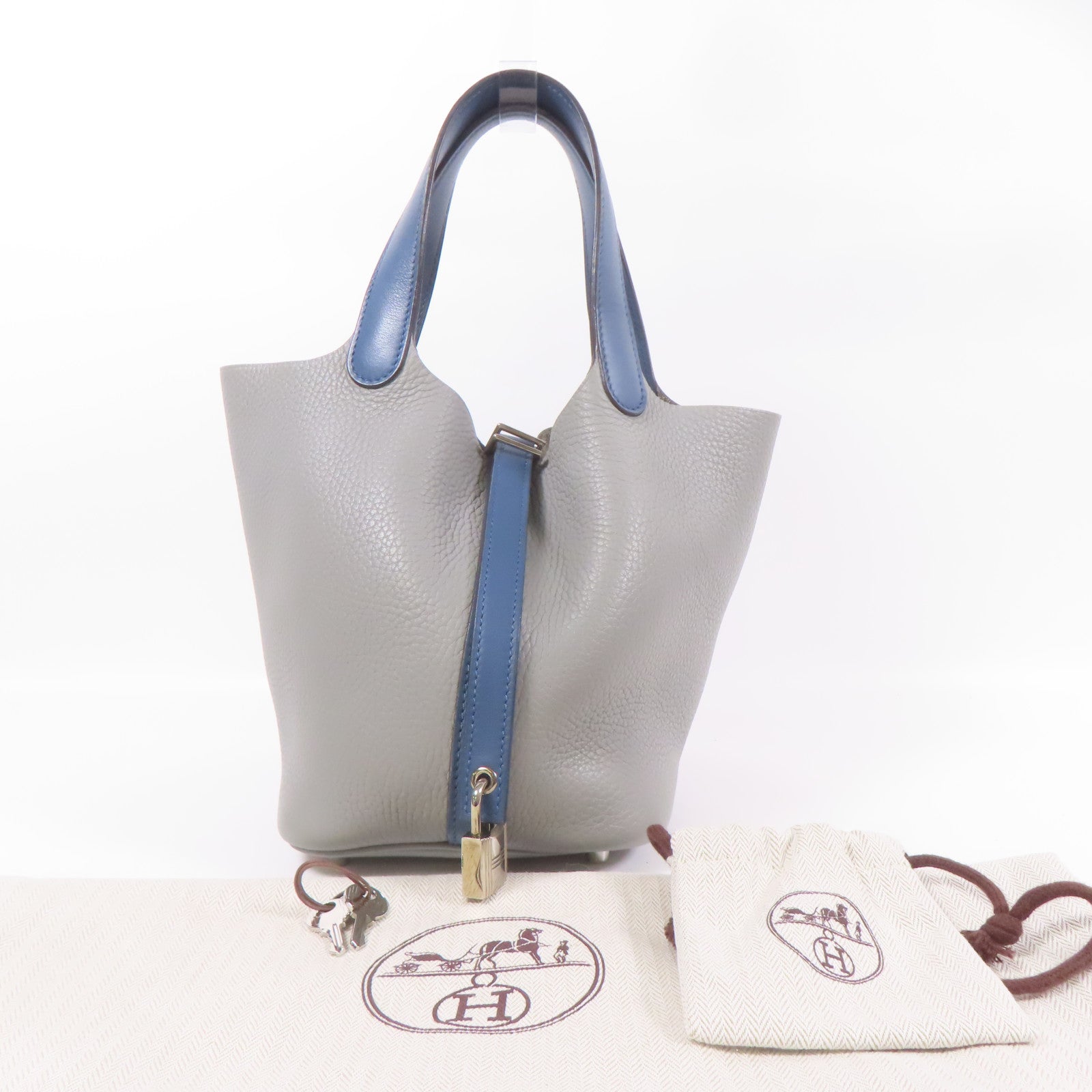 HERMES Clemence皮革Picotin MM銀扣手挽袋Bleu Agate/Grey