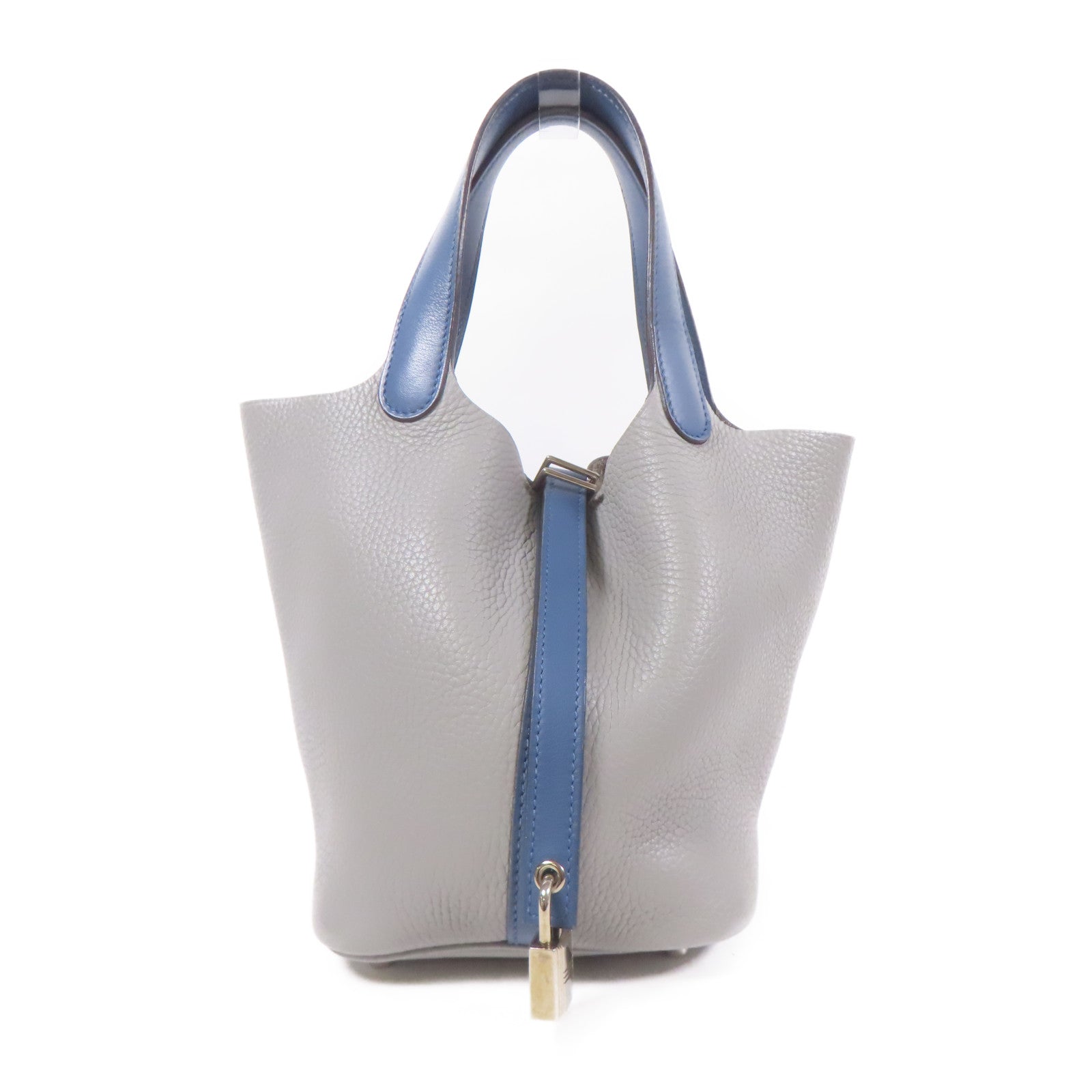 HERMES Clemence皮革Picotin MM銀扣手挽袋Bleu Agate/Grey