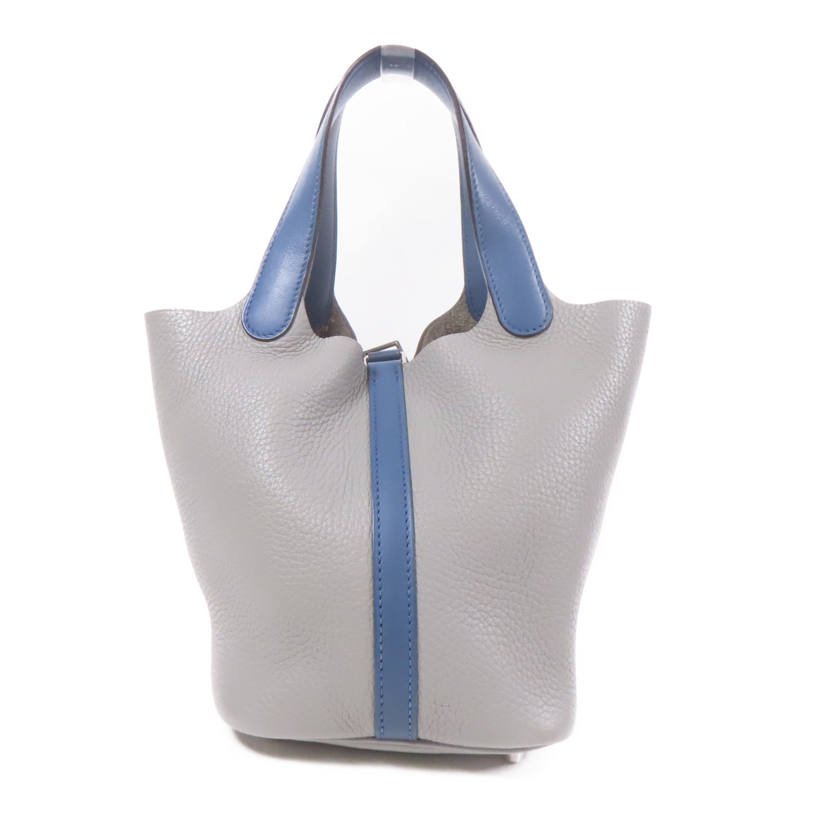 HERMES Clemence皮革Picotin MM銀扣手挽袋Bleu Agate/Grey