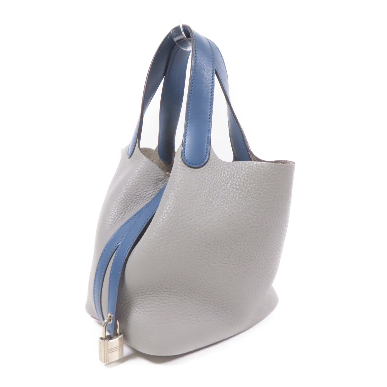 HERMES Clemence皮革Picotin MM銀扣手挽袋Bleu Agate/Grey