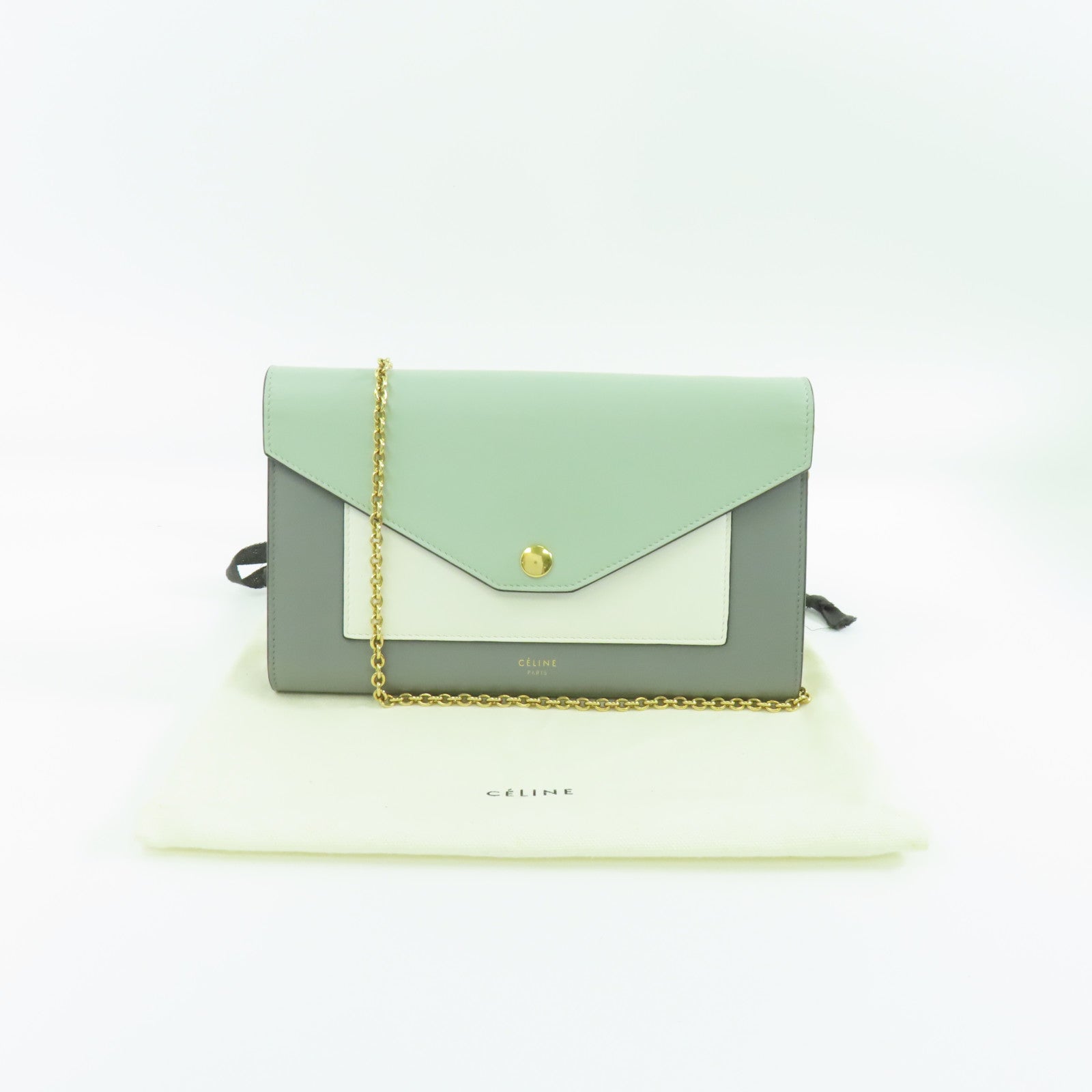 CELINE 牛皮皮革Chain Shoulder金扣鏈帶肩背袋灰色/淺綠色/白色