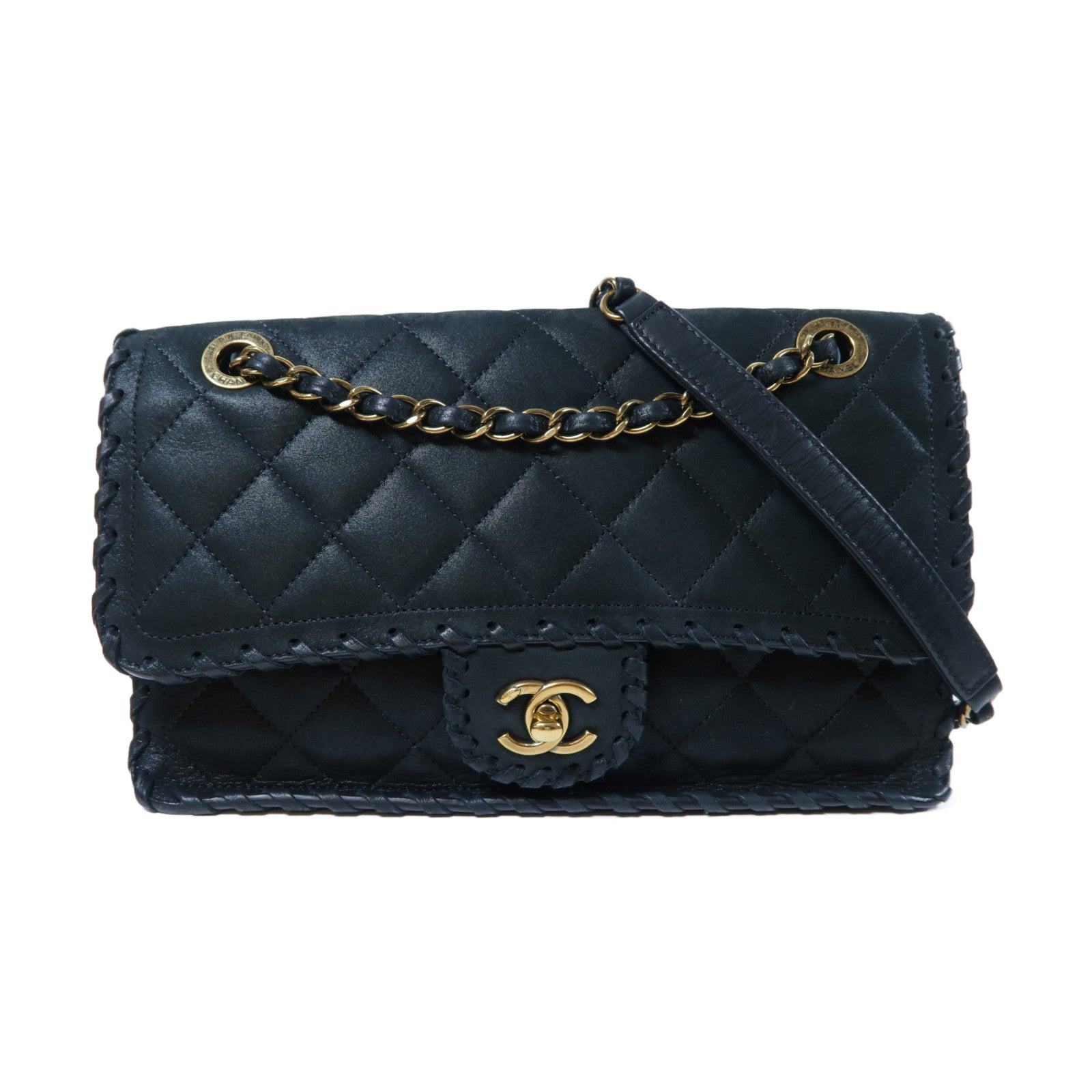 CHANEL 【激減優惠】菱格皮革Braided Edge Chain Shoulder金扣鏈帶肩背袋黑色