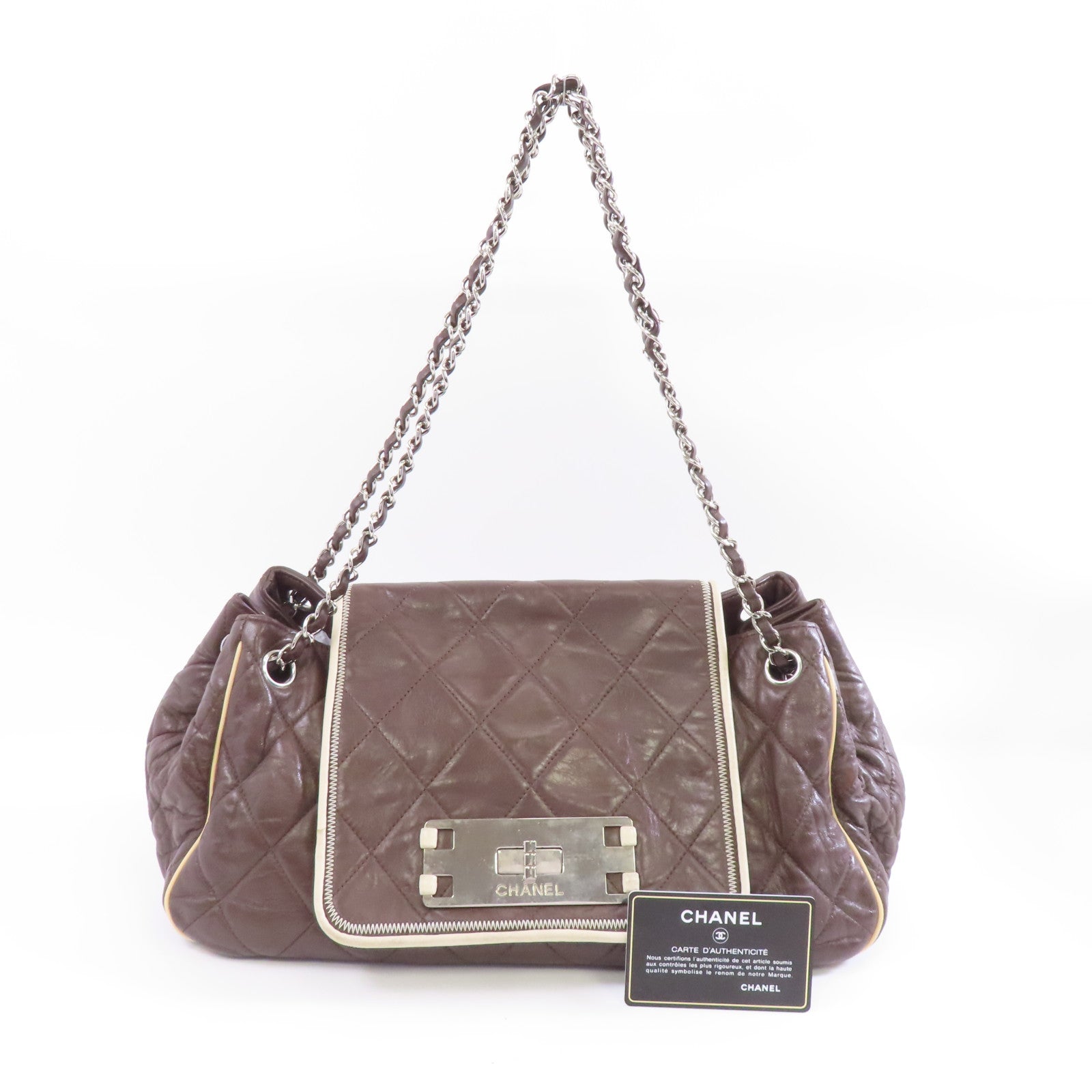 CHANEL 【激減優惠】菱格牛皮皮革Shoulder Bag銀扣鏈帶肩背袋啡色