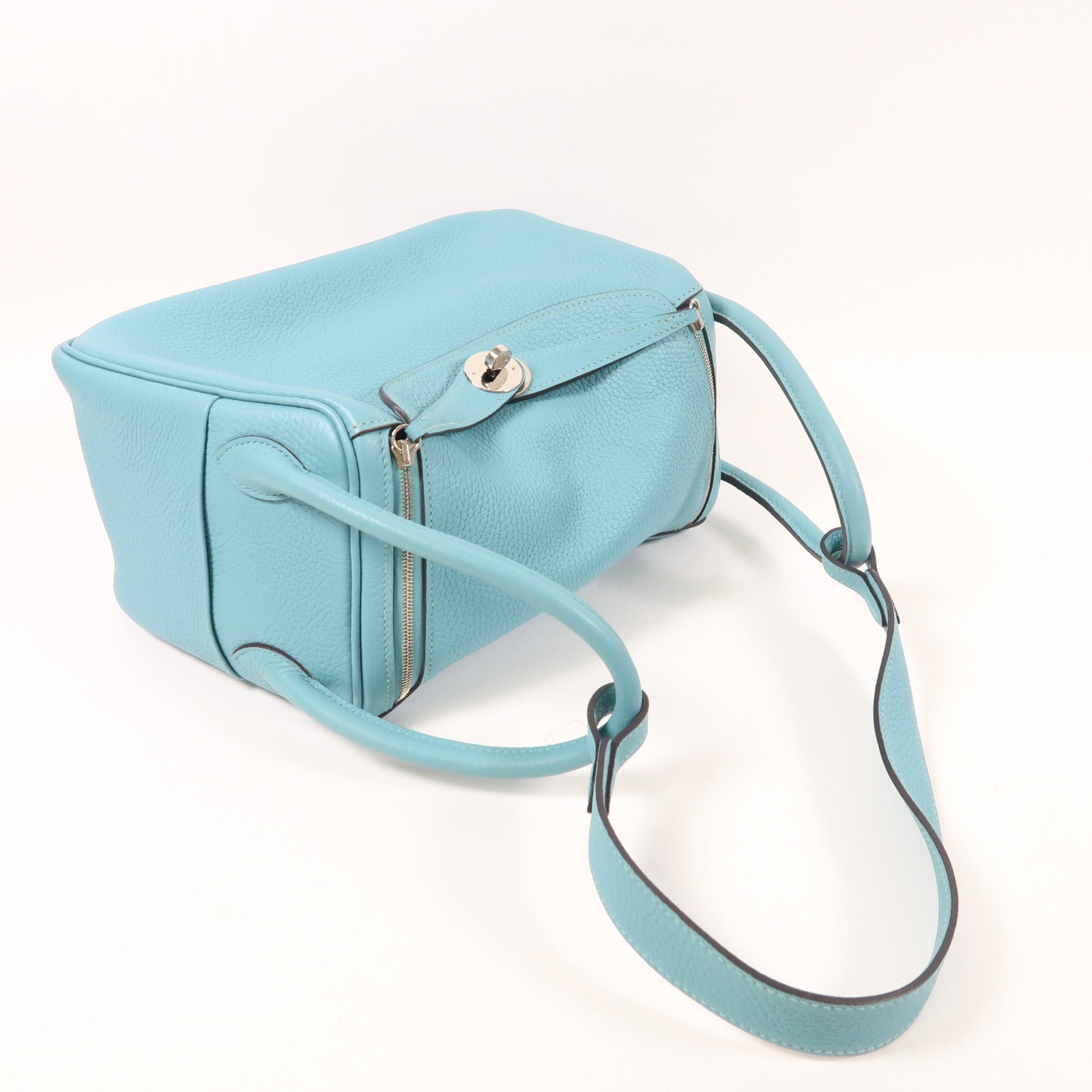 HERMES Clemence皮革Lindy 26銀扣手挽肩背兩用袋Blue Atoll