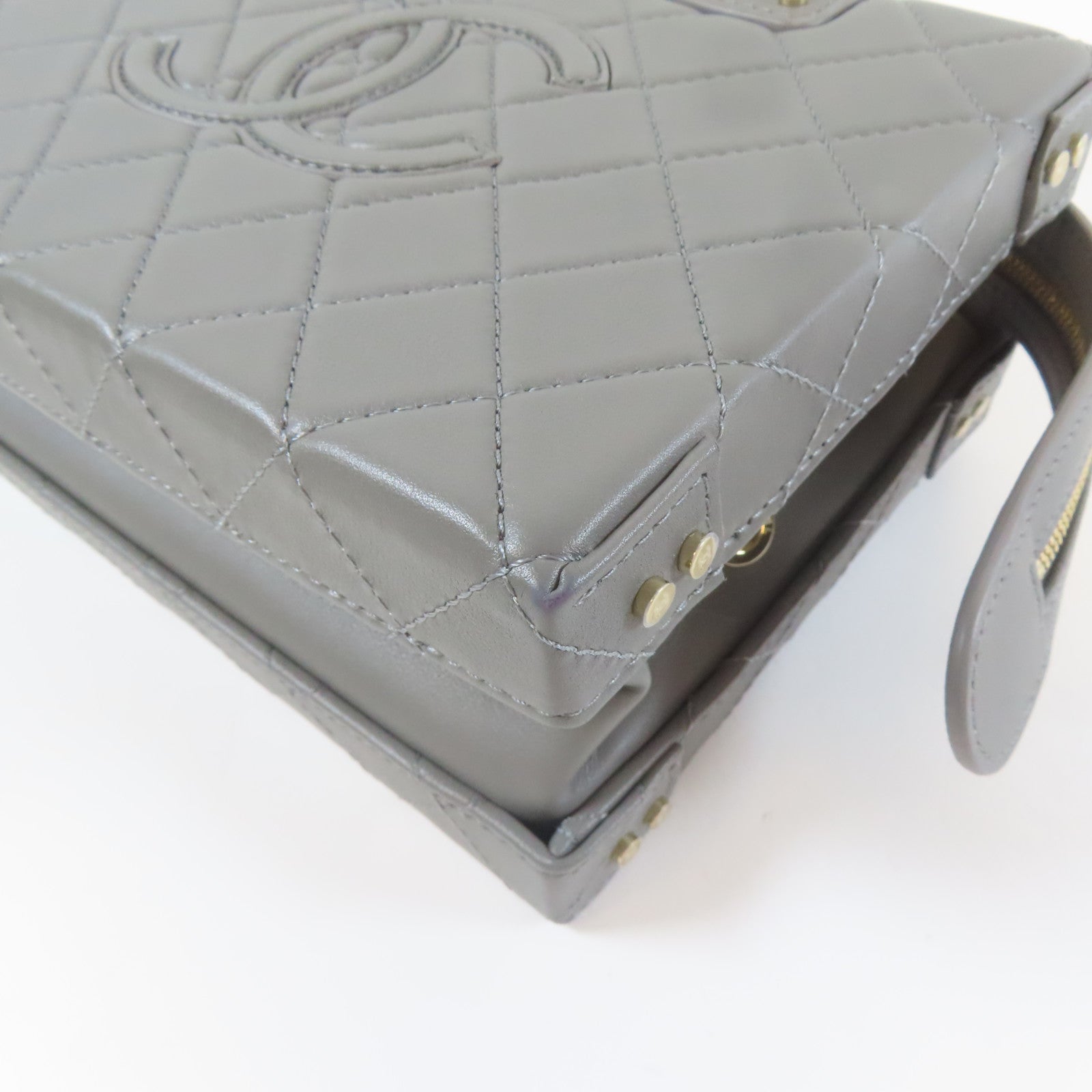 CHANEL 菱格羊皮皮革Vanity Case金扣手挽肩背兩用袋灰色
