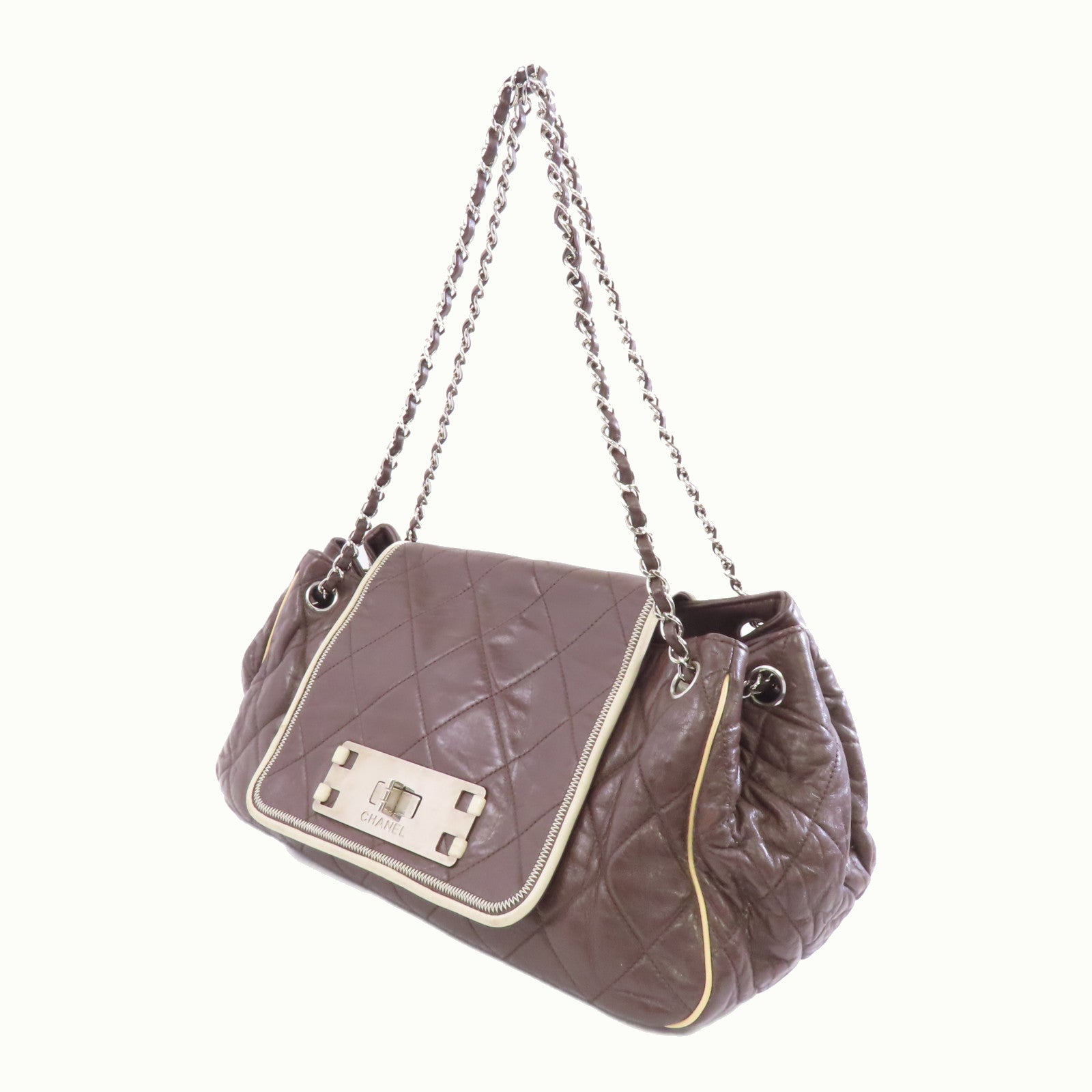 CHANEL 【激減優惠】菱格牛皮皮革Shoulder Bag銀扣鏈帶肩背袋啡色
