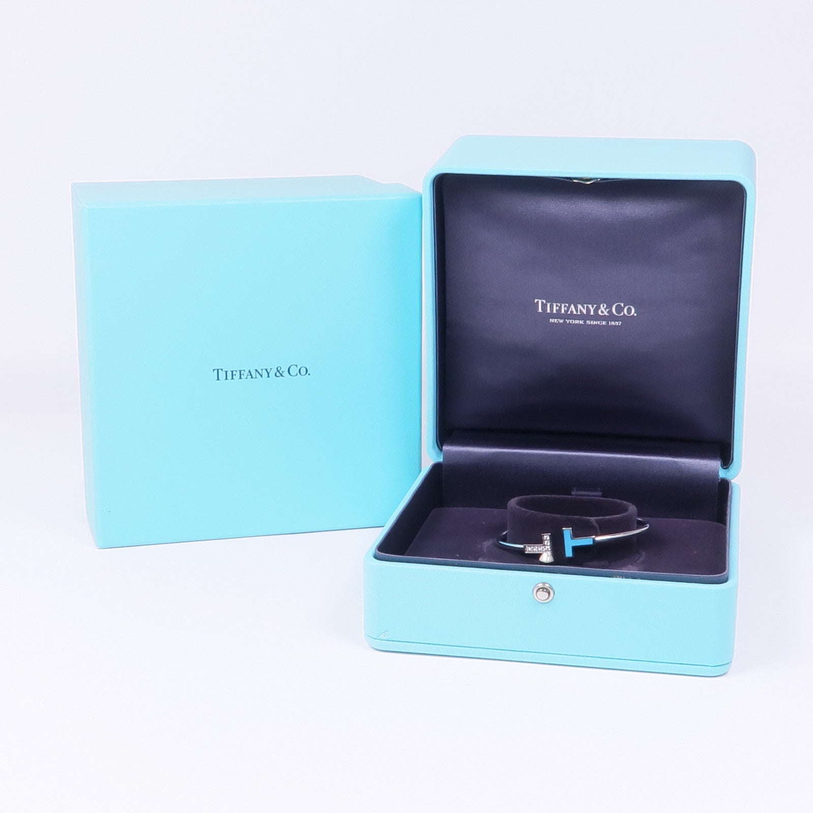 TIFFANY＆CO 18K白金Diamond Turquoise T Wire手鐲