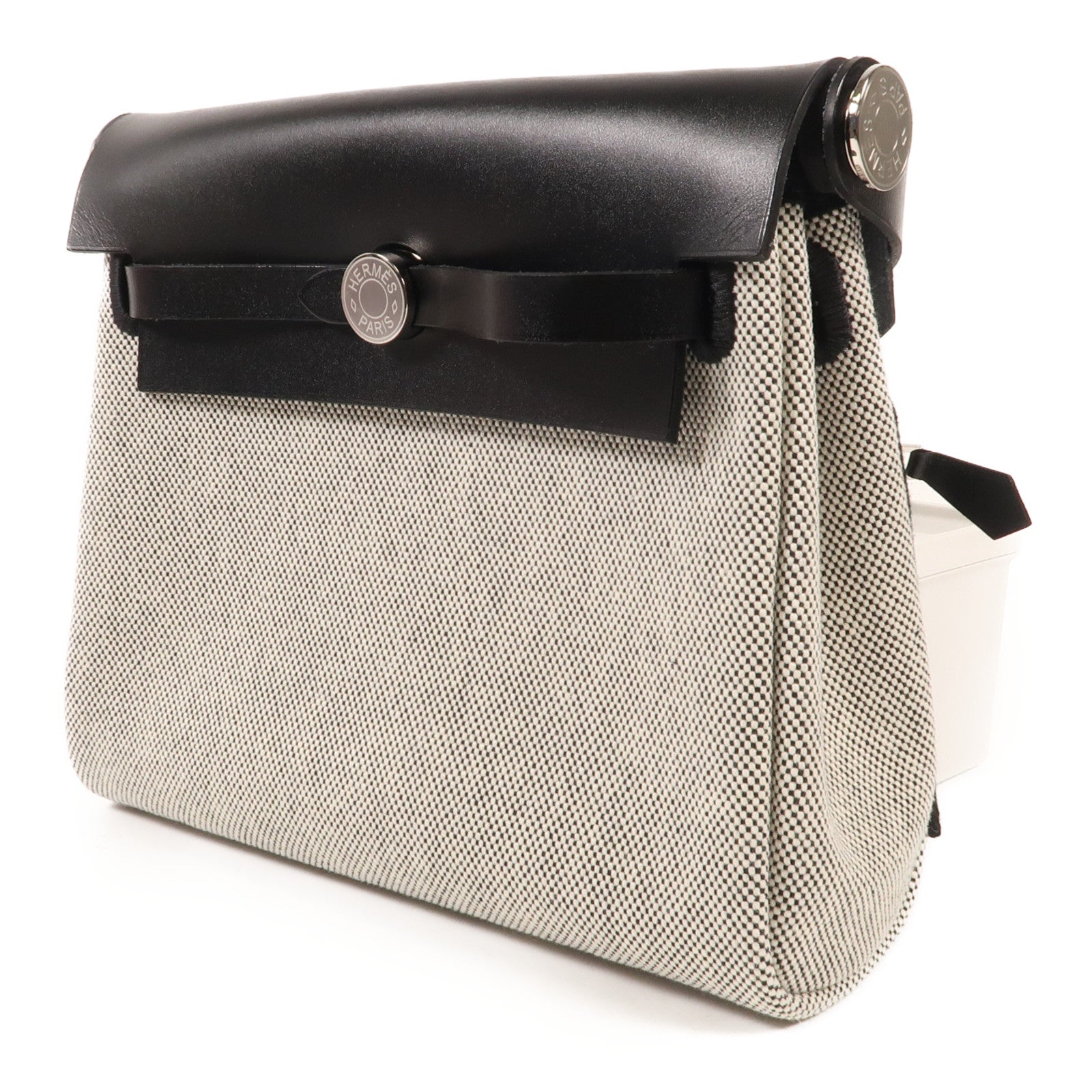 HERMES 帆布Herbag Mini銀扣肩背袋Black/White