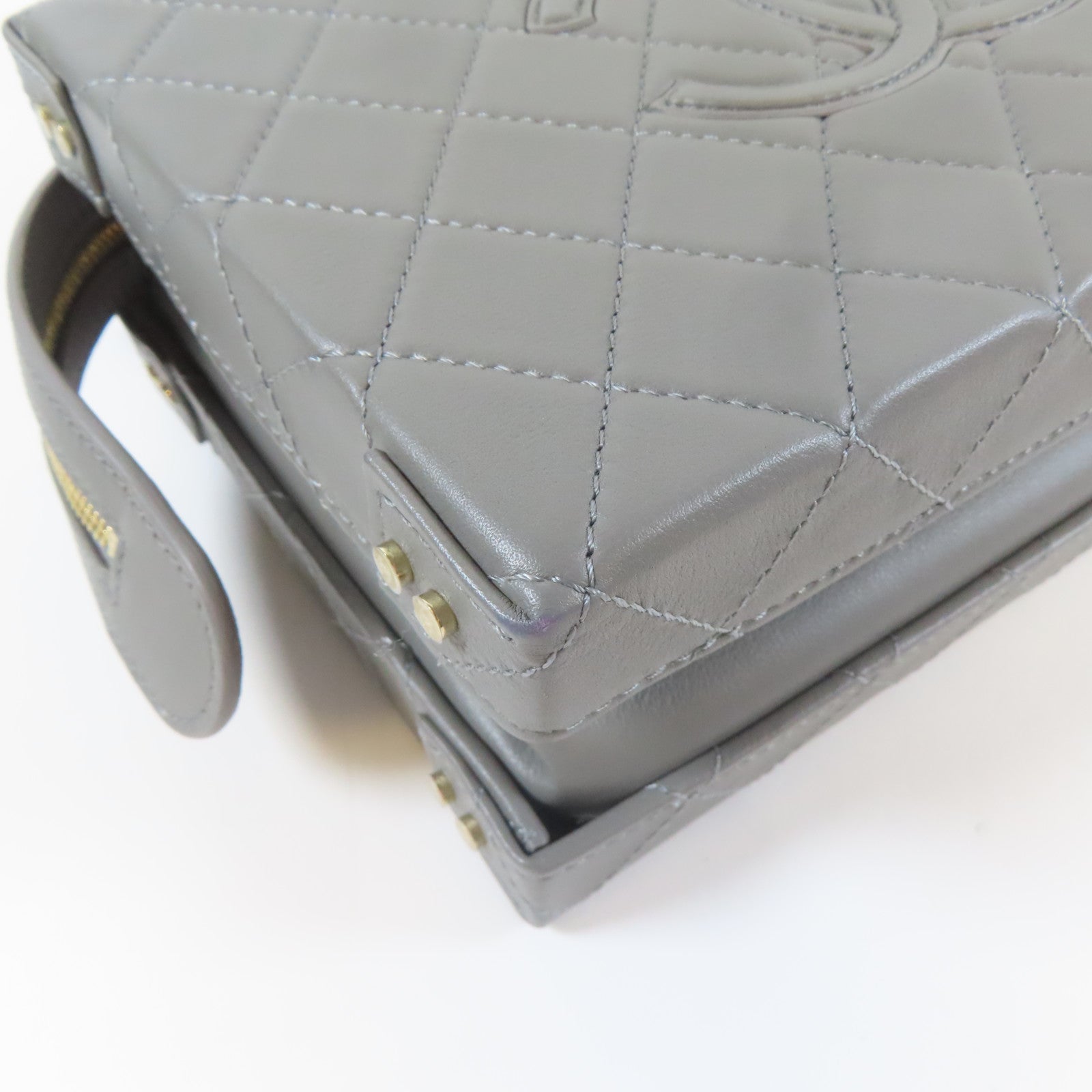 CHANEL 菱格羊皮皮革Vanity Case金扣手挽肩背兩用袋灰色