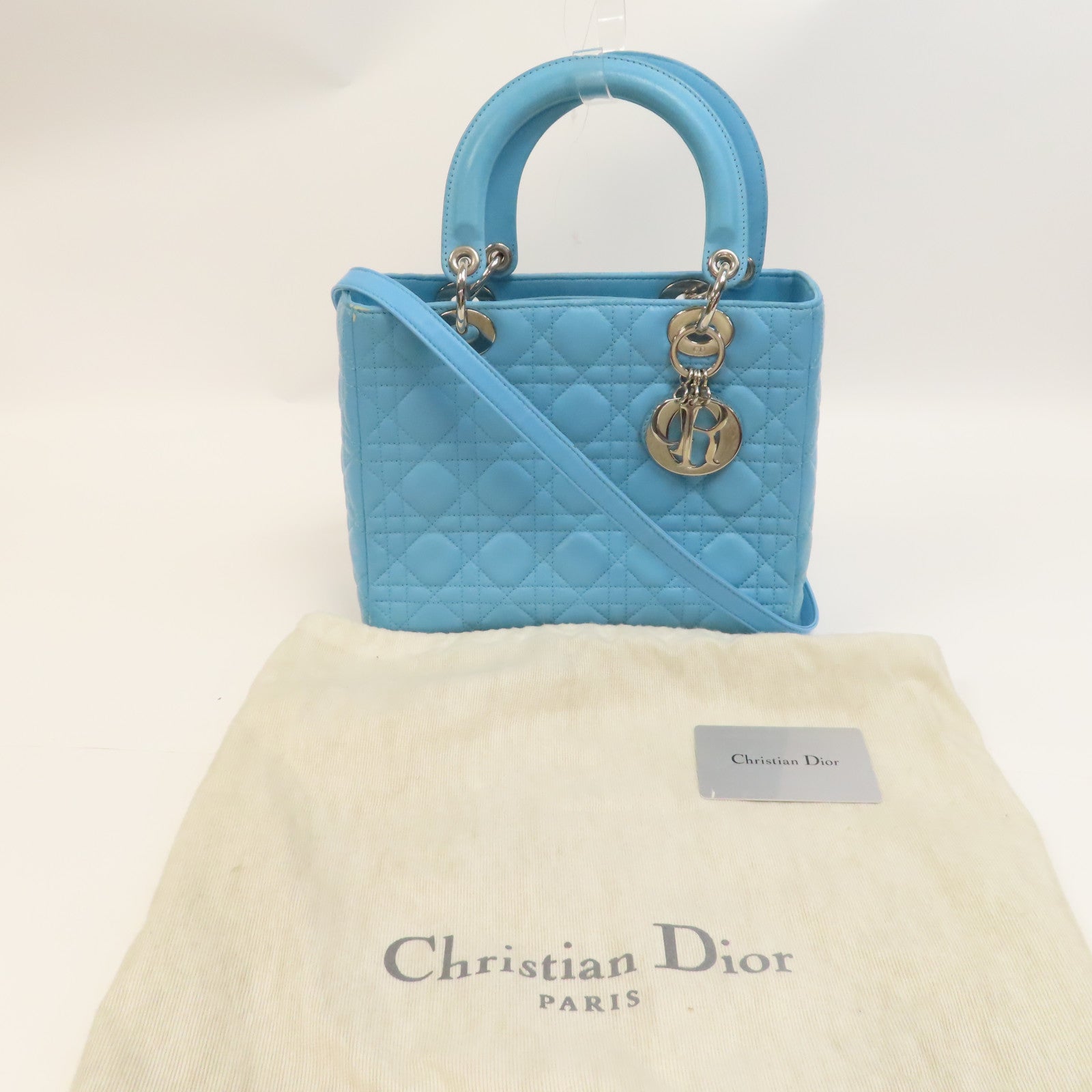 Dior 羊皮皮革Lady Dior銀扣手挽肩背兩用袋藍色