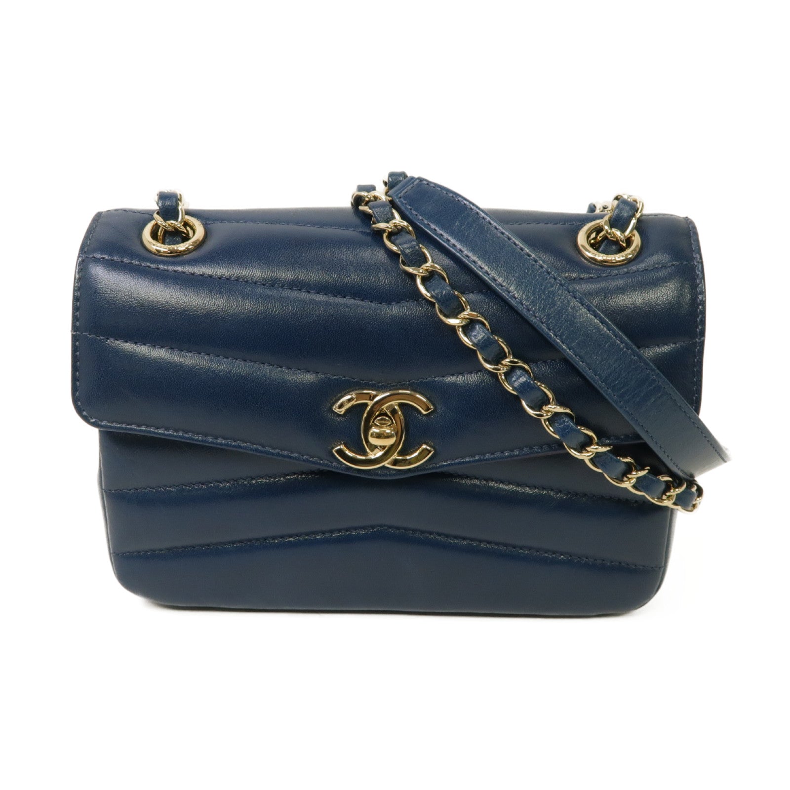 CHANEL 【激減優惠】牛皮皮革Chain Shoulder Bag金扣鏈帶肩背袋藍色