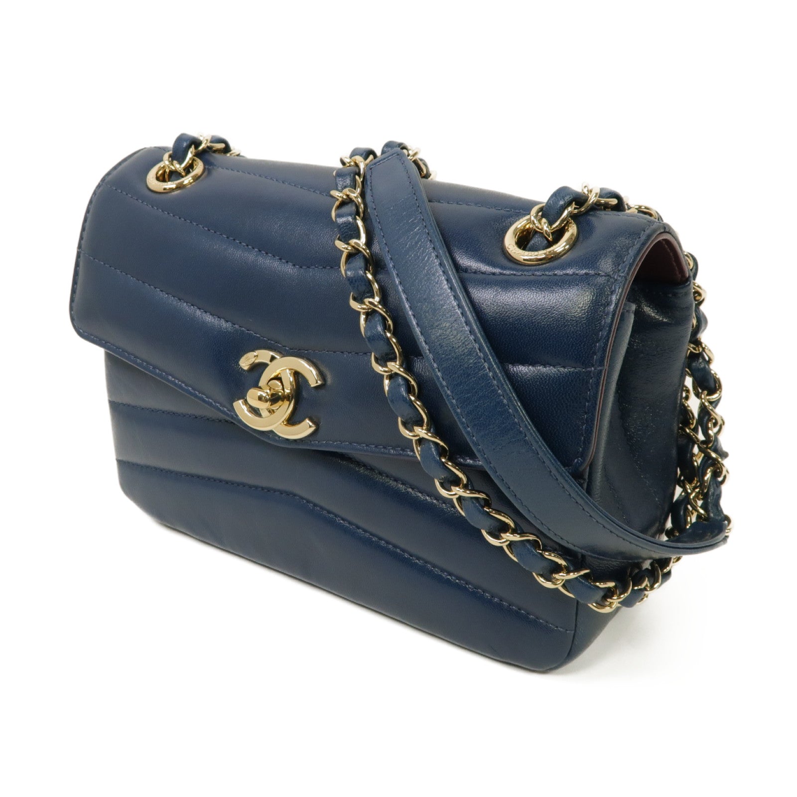 CHANEL 【激減優惠】牛皮皮革Chain Shoulder Bag金扣鏈帶肩背袋藍色