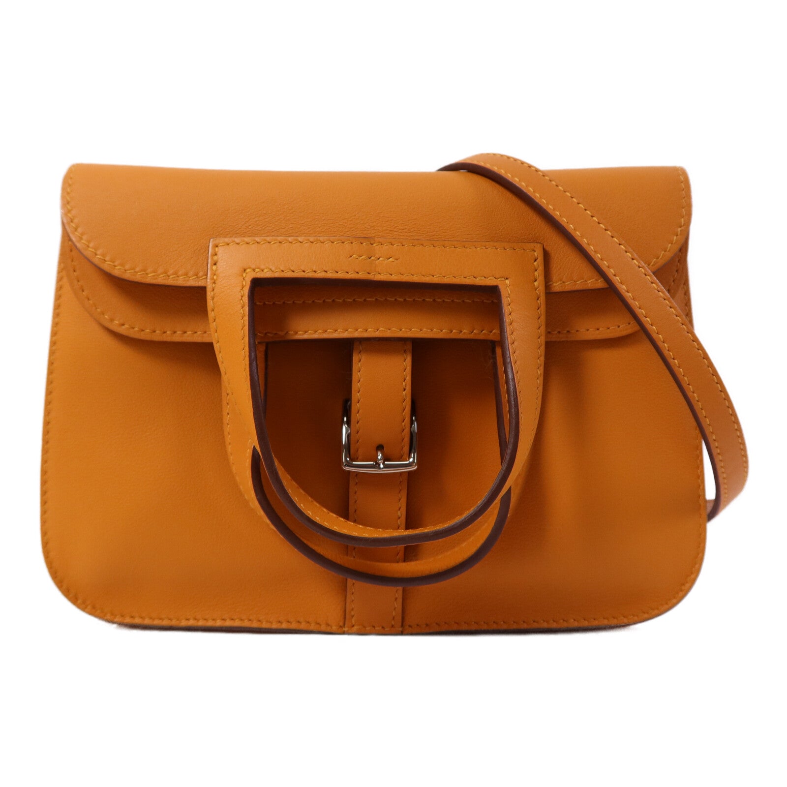 HERMES Swift皮革Halzan Mini銀扣鏈帶肩背袋Apricot