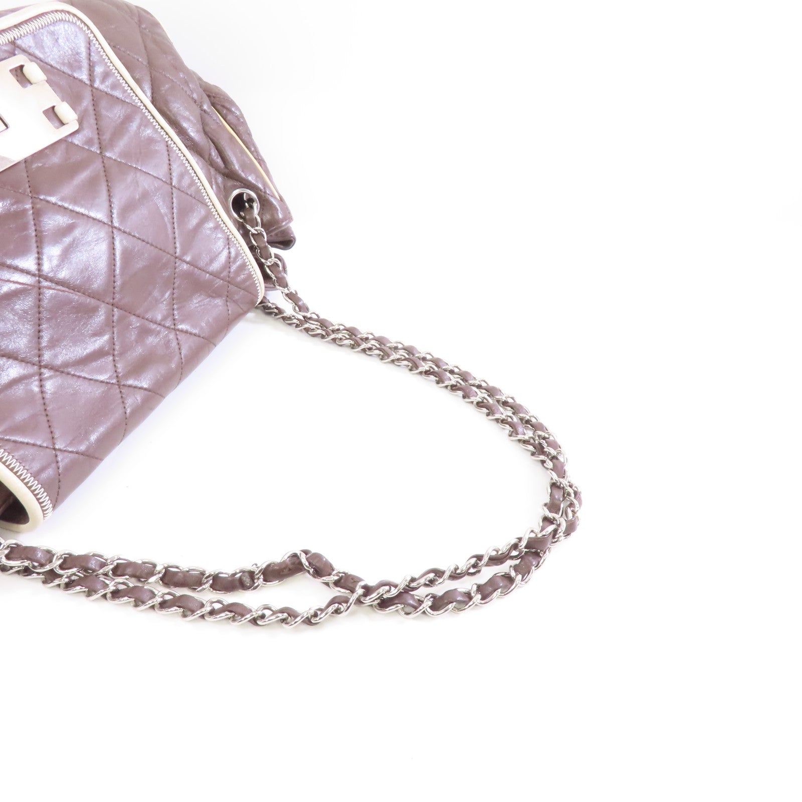 CHANEL 【激減優惠】菱格牛皮皮革Shoulder Bag銀扣鏈帶肩背袋啡色