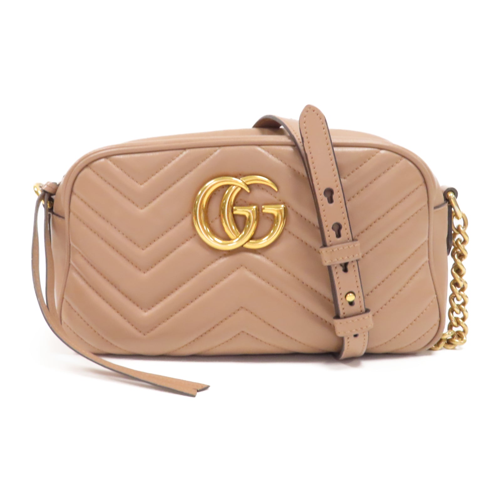 GUCCI 牛皮皮革GG Marmont Camera Bag金扣鏈帶肩背袋裸粉色
