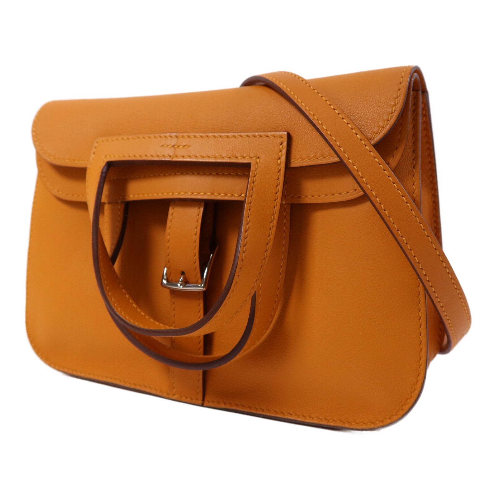 HERMES Swift皮革Halzan Mini銀扣鏈帶肩背袋Apricot