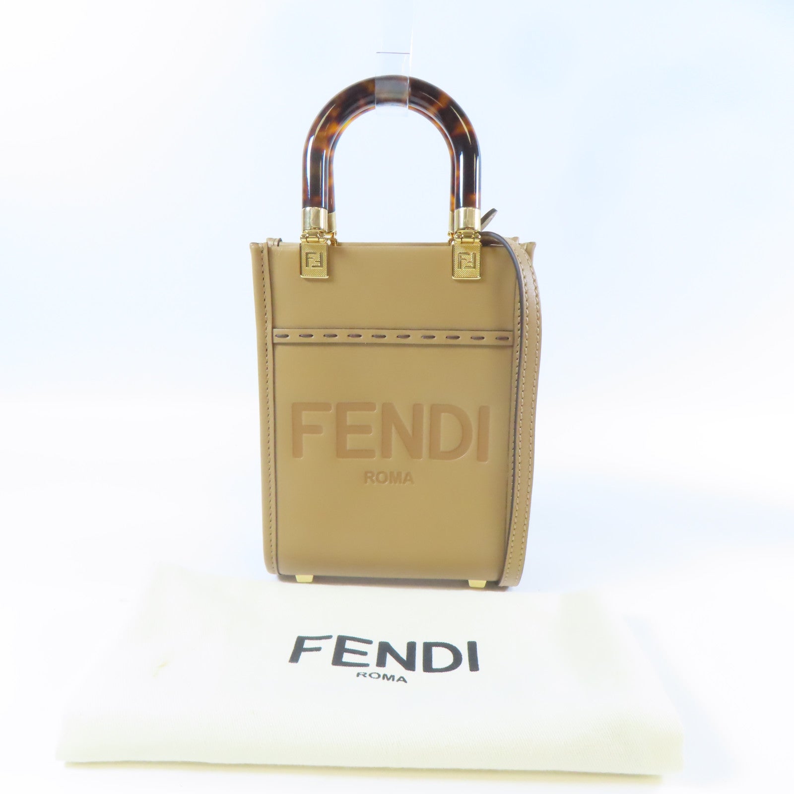 FENDI 【激減優惠】牛皮皮革Mini Sunshine金扣手挽肩背兩用袋啡色