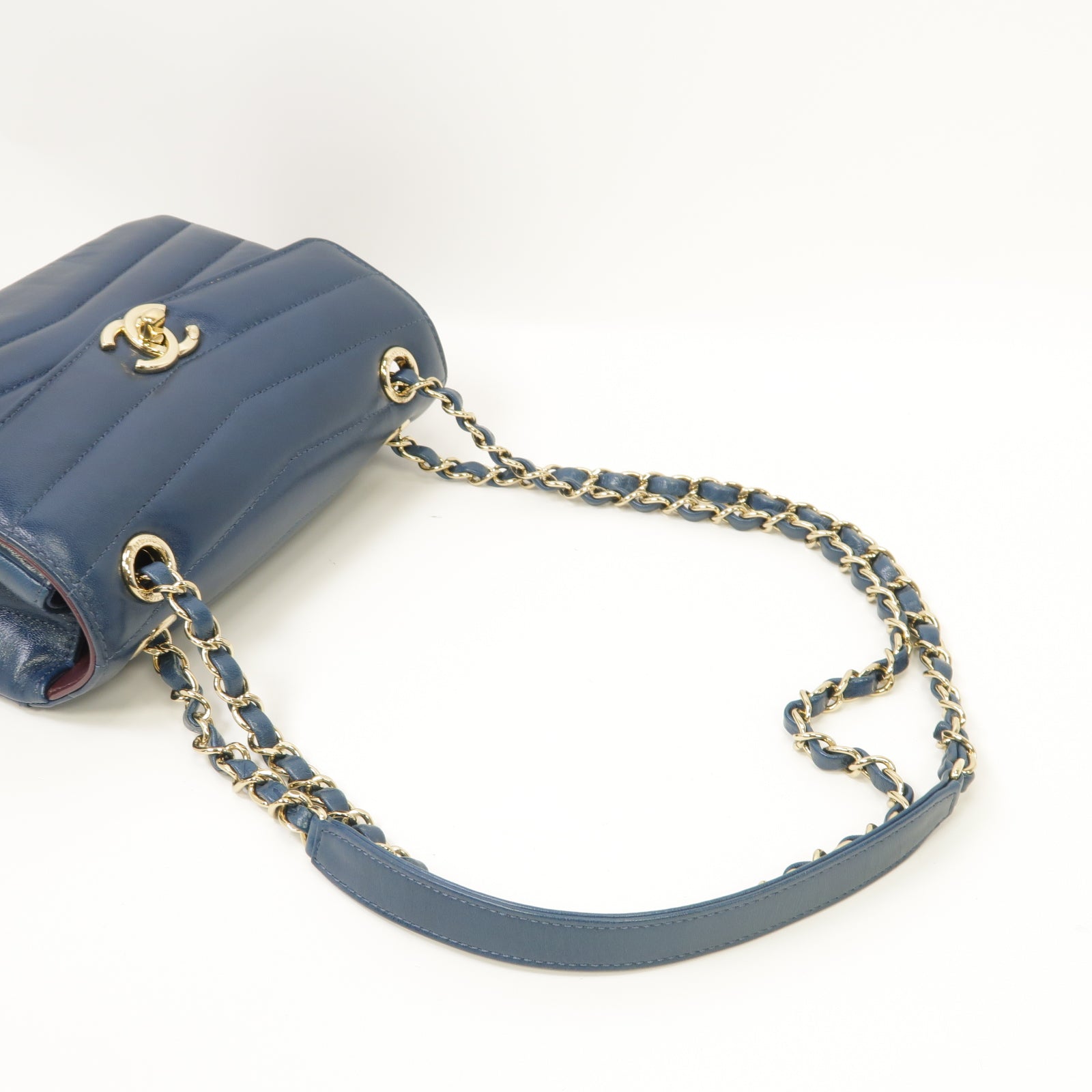 CHANEL 【激減優惠】牛皮皮革Chain Shoulder Bag金扣鏈帶肩背袋藍色