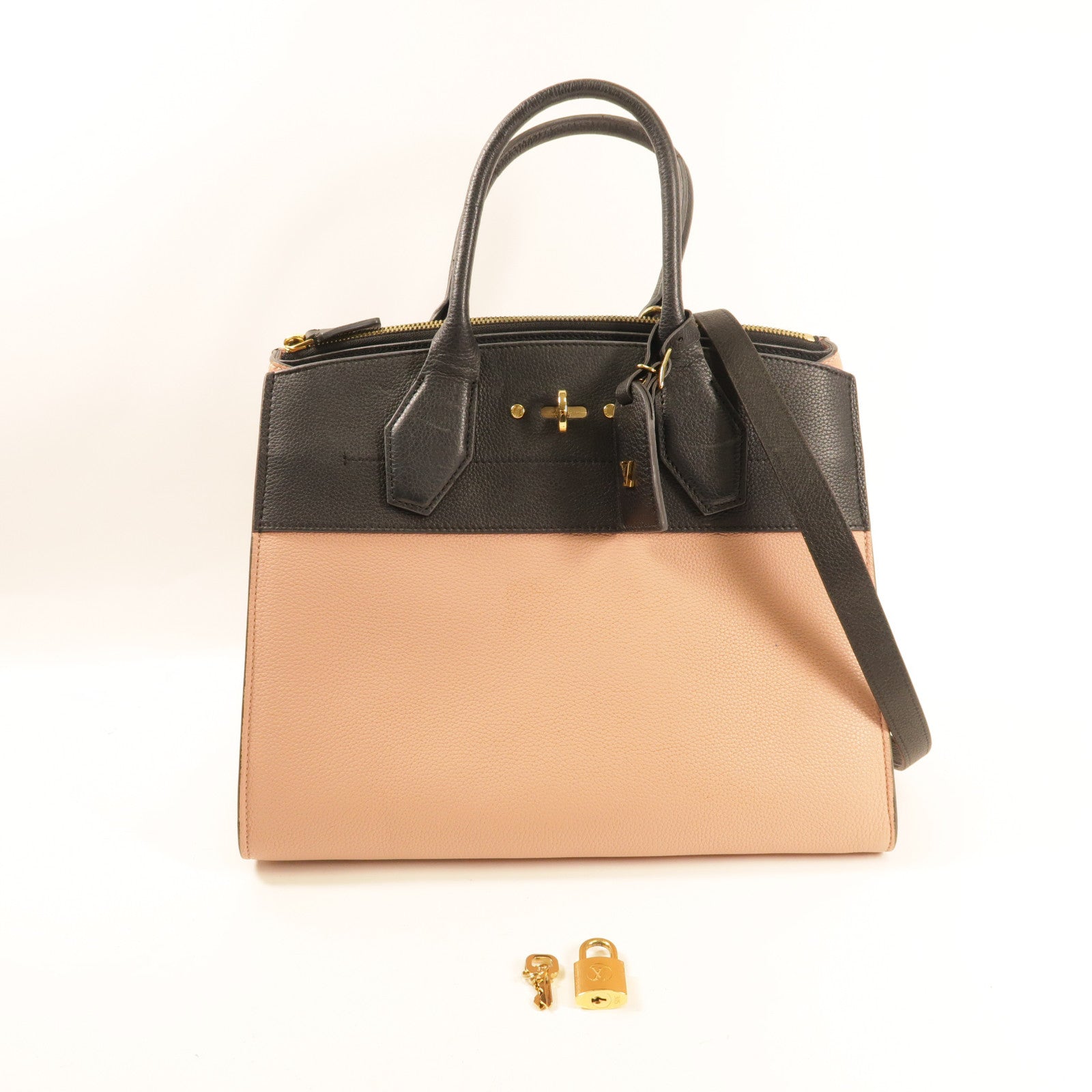 LOUIS VUITTON 牛皮皮革City Steamer MM金扣手挽肩背兩用袋粉紅色/黑色