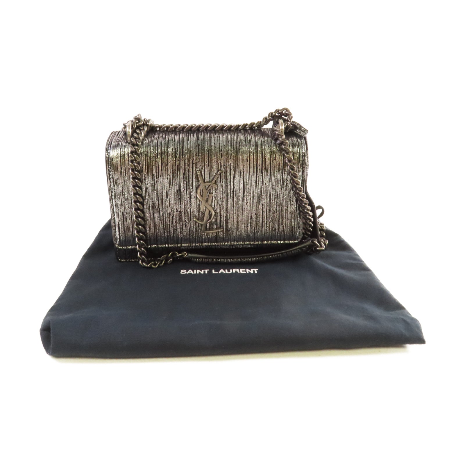 SAINT LAURENT 皮革Chain Shoulder銀扣鏈帶肩背袋銀色