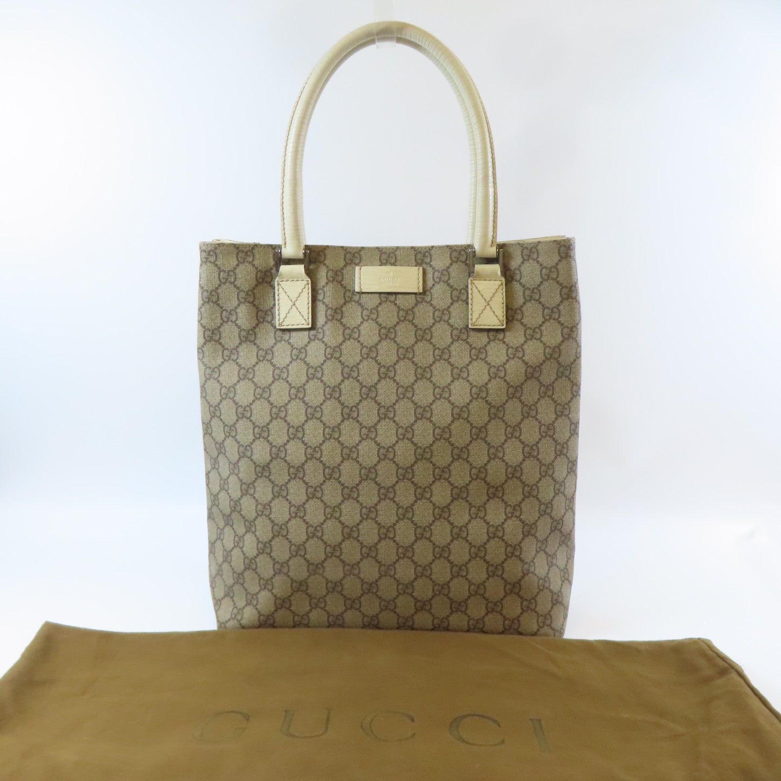 GUCCI 塗層帆布/皮革Tote Bag銀扣手挽袋啡色/白色