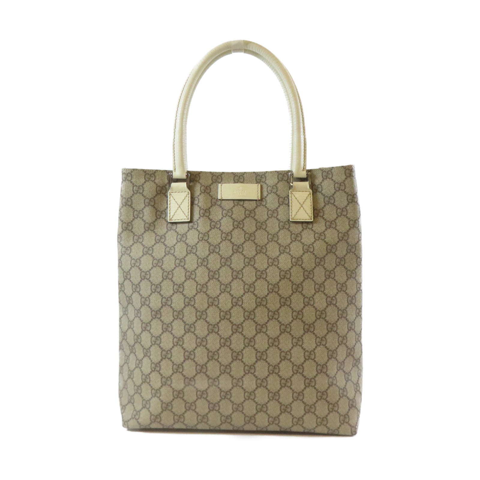 GUCCI 塗層帆布/皮革Tote Bag銀扣手挽袋啡色/白色