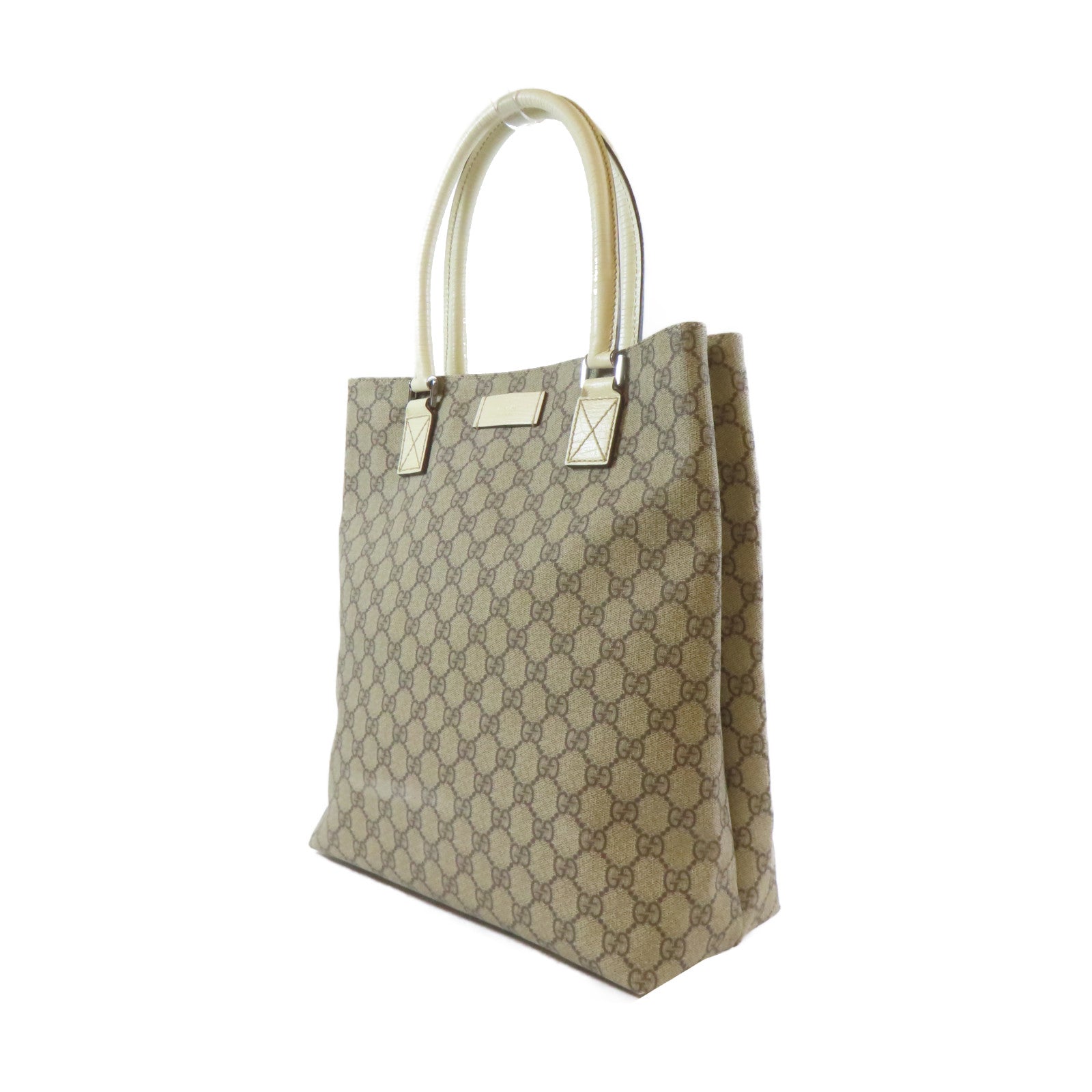 GUCCI 塗層帆布/皮革Tote Bag銀扣手挽袋啡色/白色