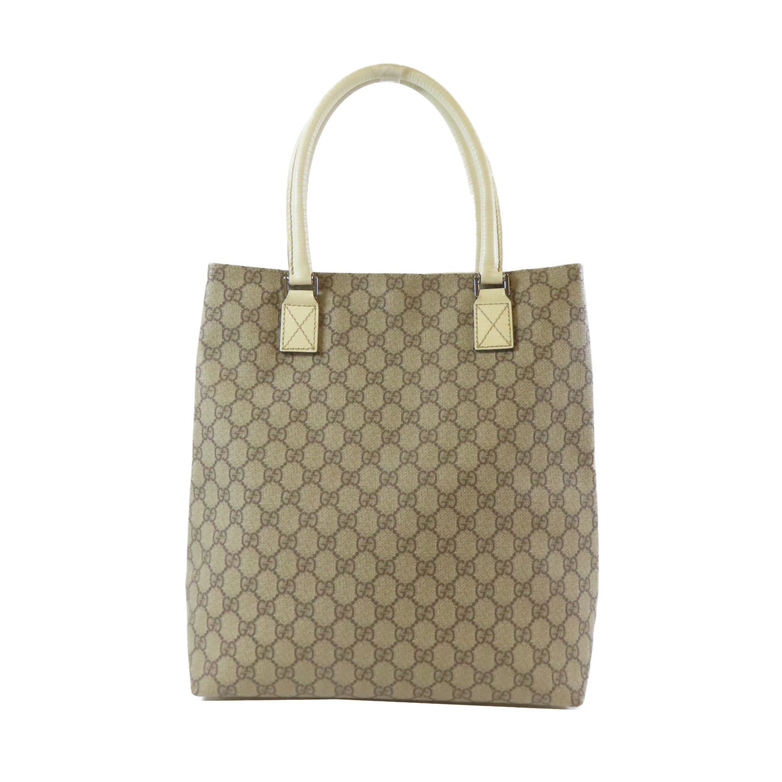 GUCCI 塗層帆布/皮革Tote Bag銀扣手挽袋啡色/白色