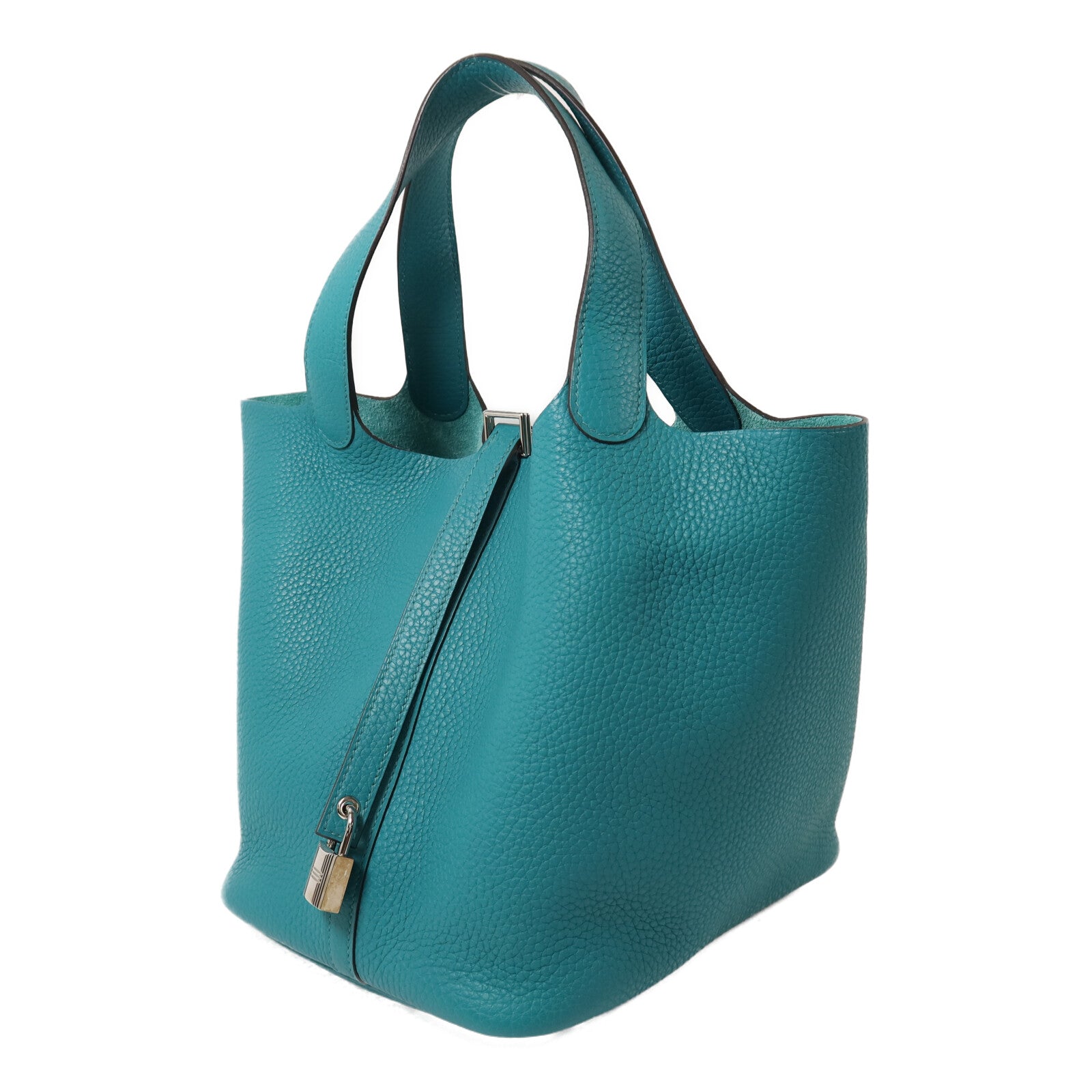 HERMES Clemence皮革Picotin MM銀扣手挽袋Bleu Paon
