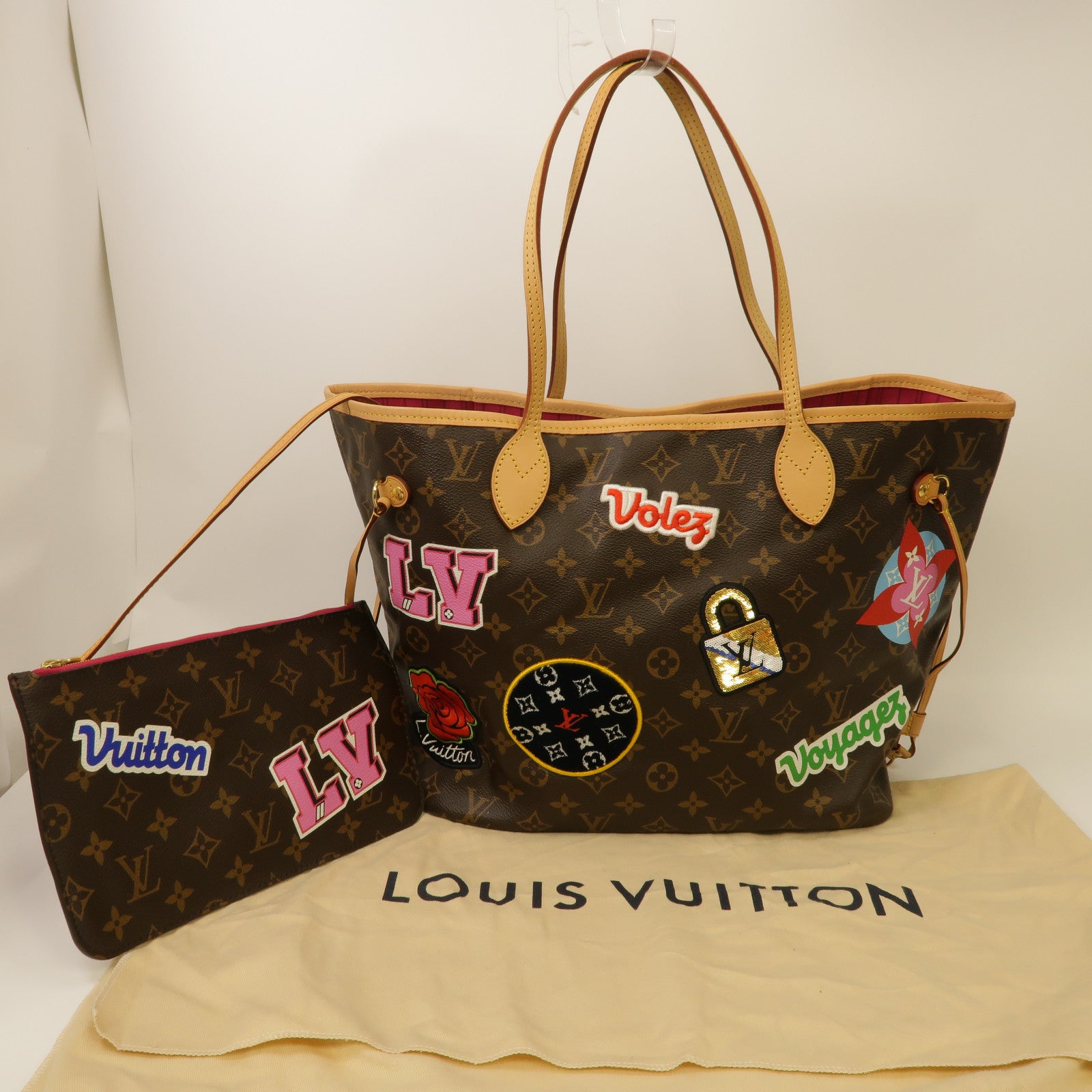 LOUIS VUITTON Monogram Patches Neverfull MM金扣手挽袋啡色