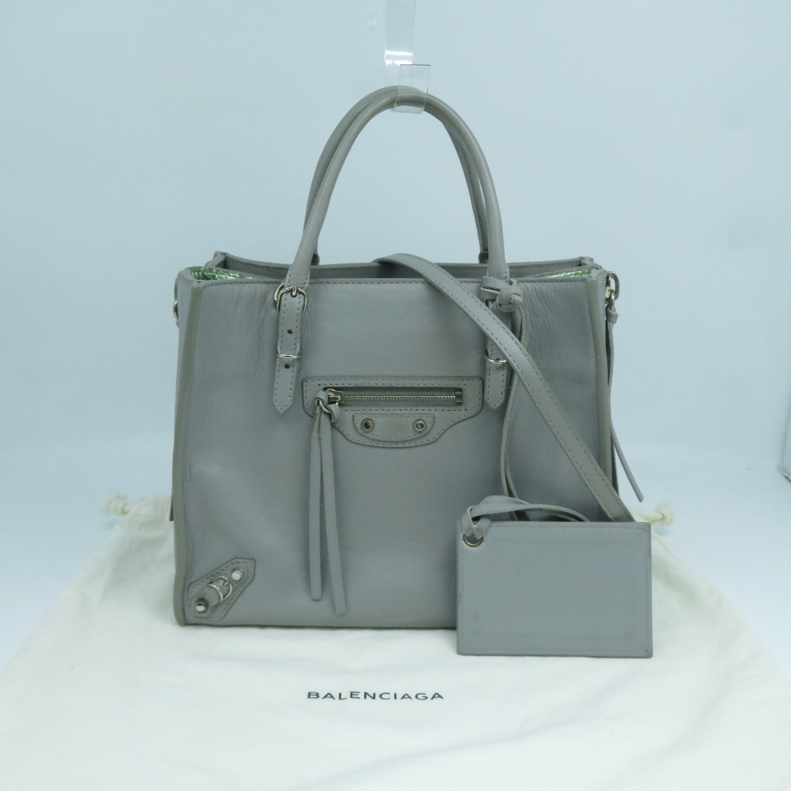BALENCIAGA 【激減優惠】羊皮皮革Mini Zip Papier銀扣手挽肩背兩用袋灰色